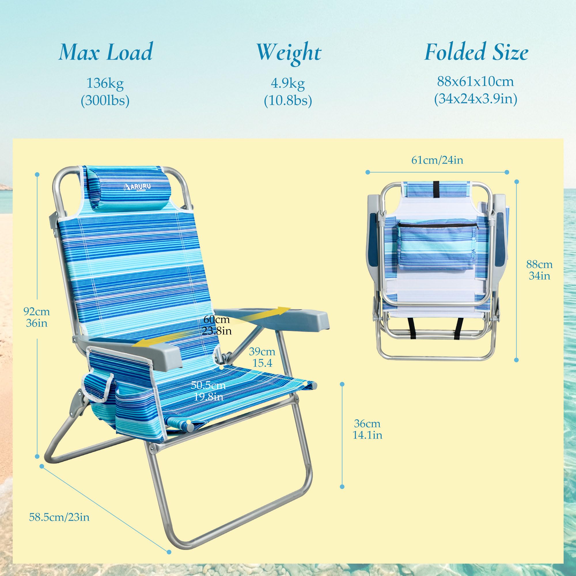 Strandstuhl Klappbar mit Hoher Sitzhöhe, Tragbarer Faltbarer Rucksack-Campingstuhl, 5-Fach Verstellbar, mit Kühltasche und Getränkehalter für Outdoor Blau
