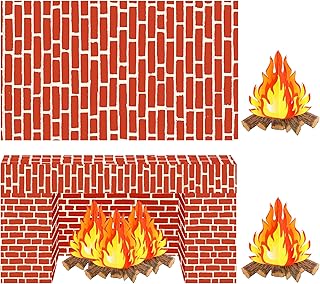 4 Pieces Red Brick Wall Party Backdrop Plastic Red Brick Wall Tablecloth Decorations Artificial Fire Flame Cardboard 3D Campfire Fake Centerpiece for Christmas Halloween Party Background Decorations