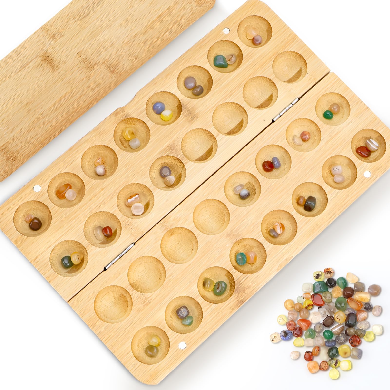 Steinchenspiel Hus - Bao - Kalaha Spiel Edelsteinspiel aus Holz inkl. Edelsteinen Strategiespiele für Kinder Erwachsene