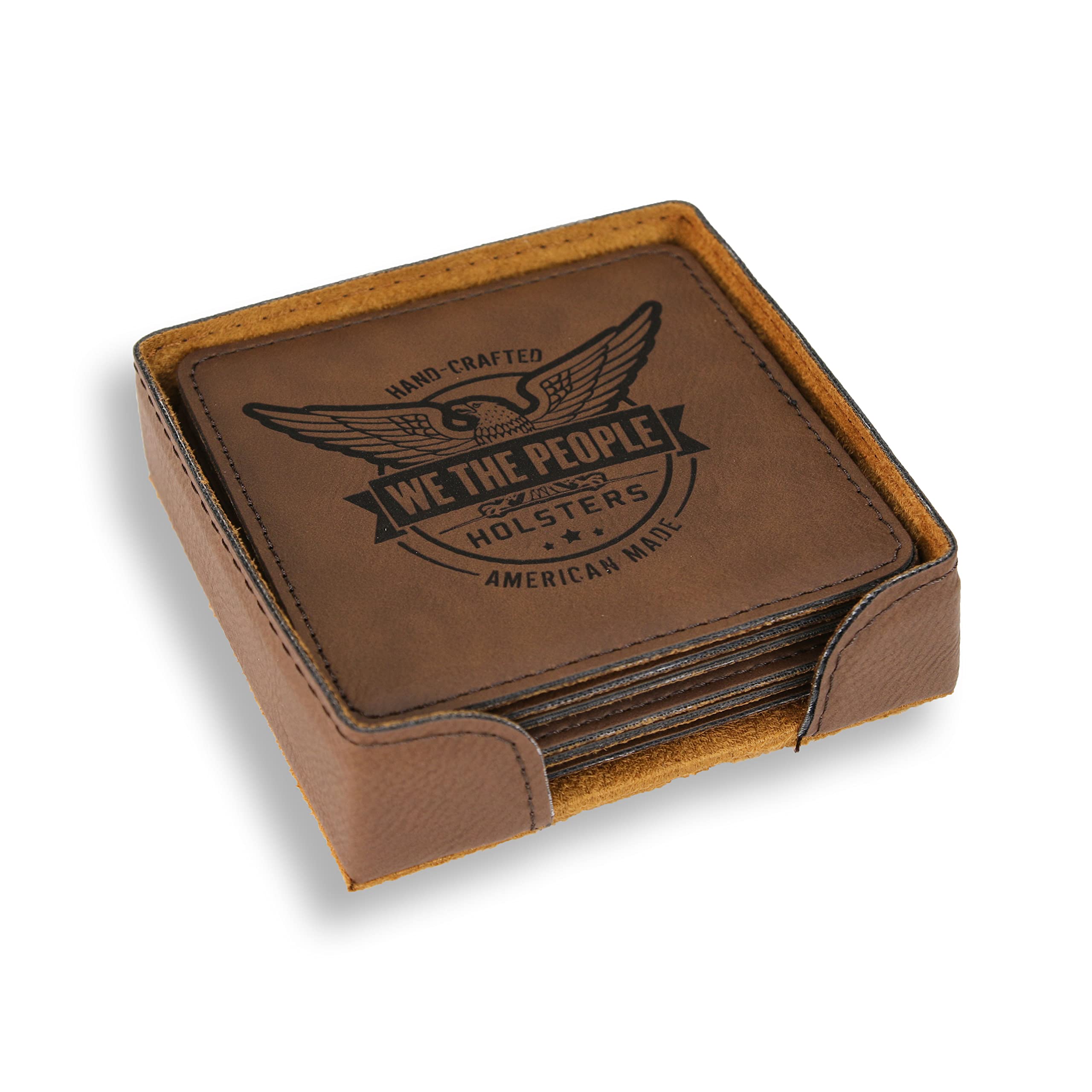 We The People Holsters - Leatherette Coaster Set - 4 x 4 Inch Patriotic Coasters - 6 Coaster Set and Holder