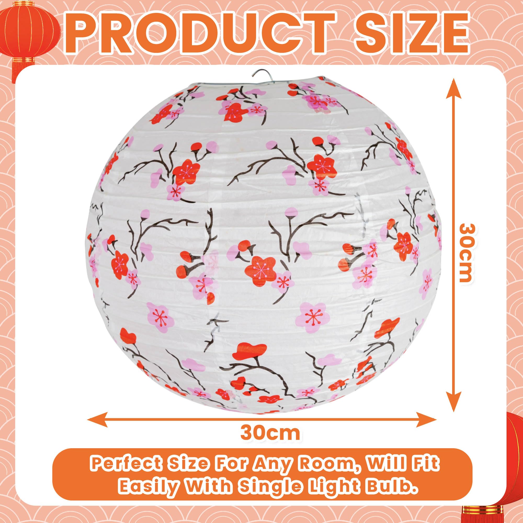 Paper Lampshade Hanging Light Shade 30cm, Oriental Ribbed Japanese Ceiling Fixture with Cherry Blossom & Floral Patterns - Image 2