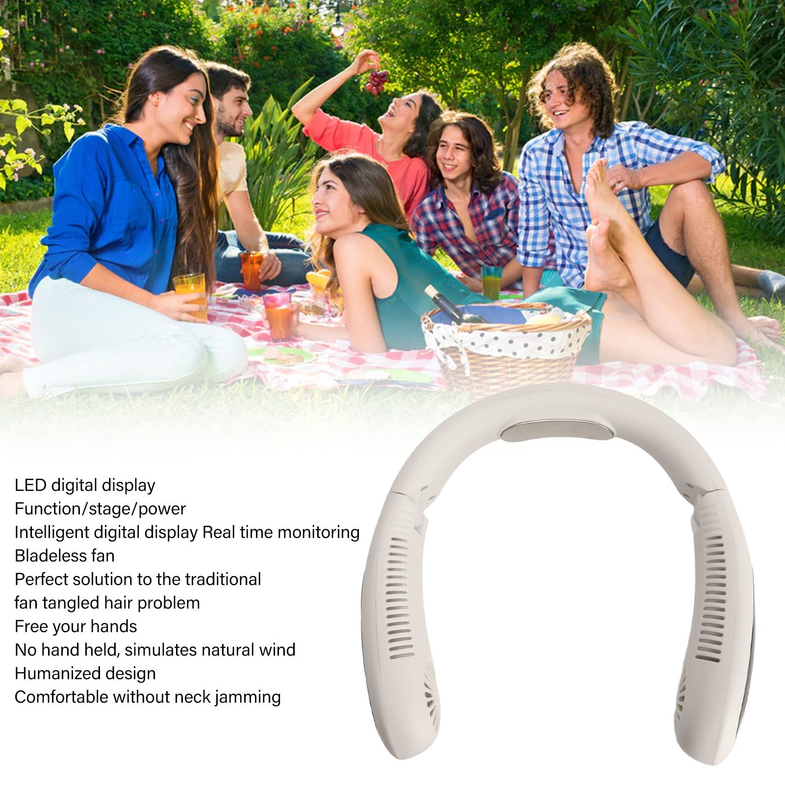 Freihändiger, Blattloser Nackenventilator, Wiederaufladbar über USB, 360°-Luftstrom, 3 Geschwindigkeiten, LED-Anzeige, Tragbarer Ventilator mit 5000-mAh-Akku für den Einsa