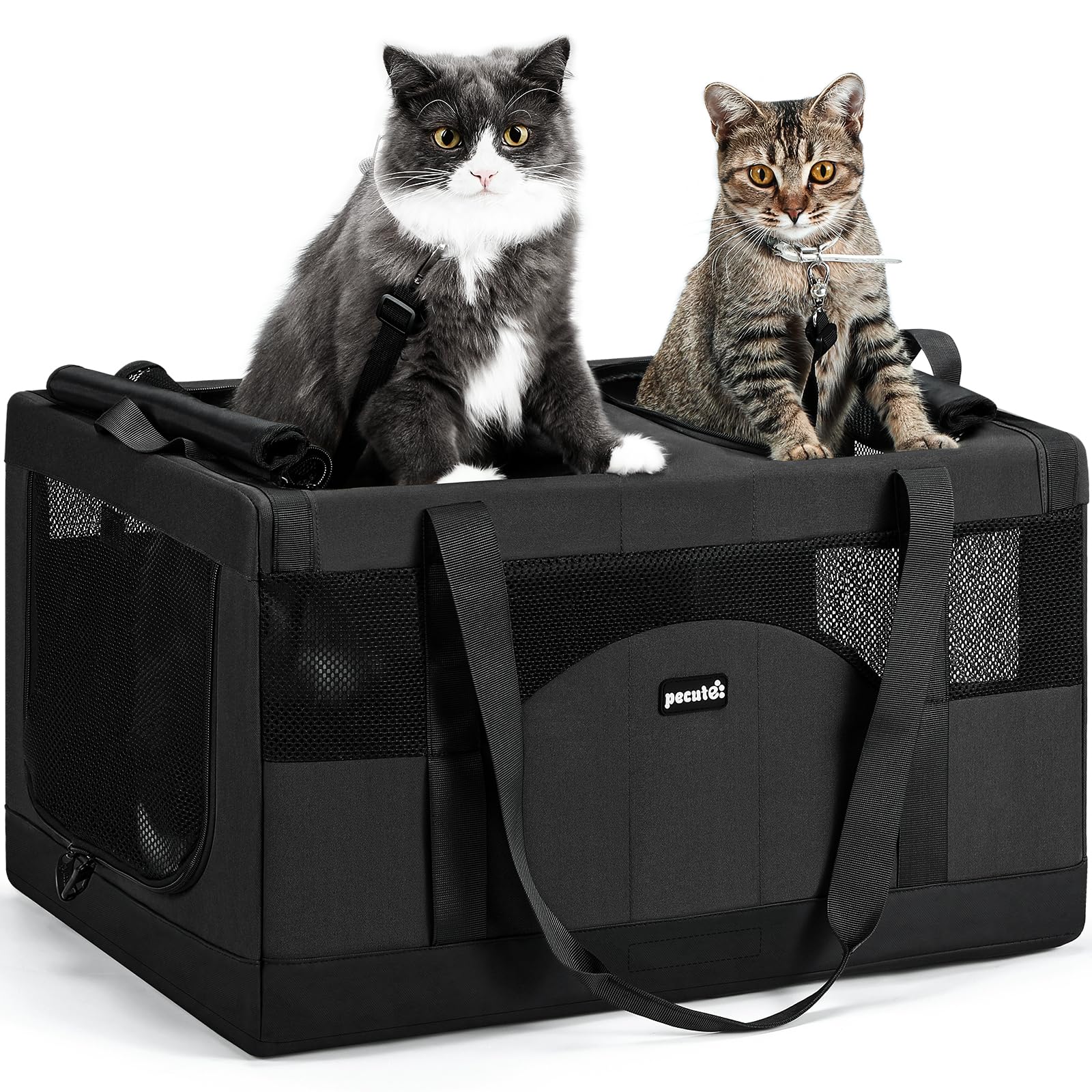 pecute dual compartment pet carrier for multi-cat families & small dog owners, collapsible dog crate with reinforced steel frame, car safety design for travel, vet visits & home use, dark gray