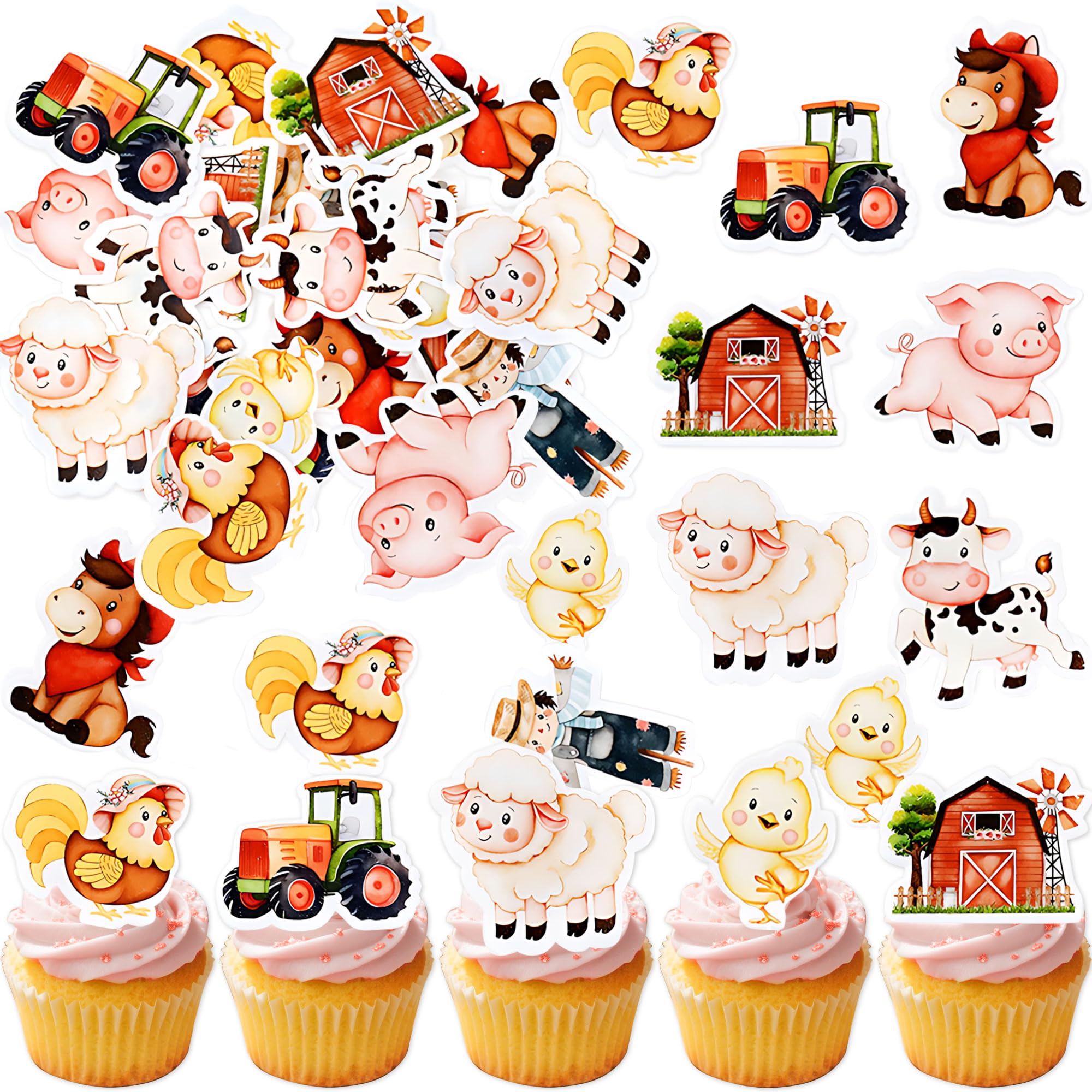 45 PCS Edible Farm Animals Barnyard Cupcake Cake Decorations Muffin Desserts Decoration for Celebrating Party Events Baby Shower Party Supplies
