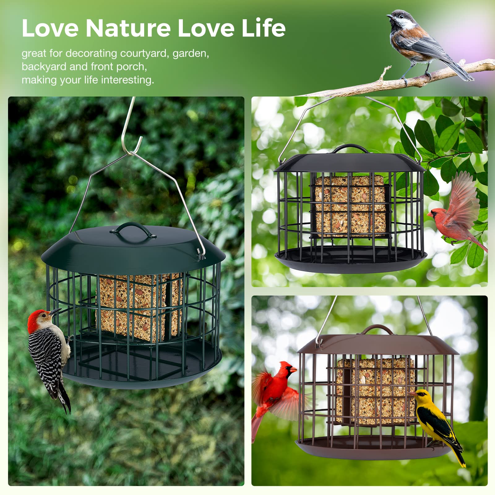 Kingsyard Squirrel Proof Suet Feeder, Cage Bird Feeders for Outdoors Hanging, All Metal, Double Suet Cake Capacity, Tray & Weatherproof, Green