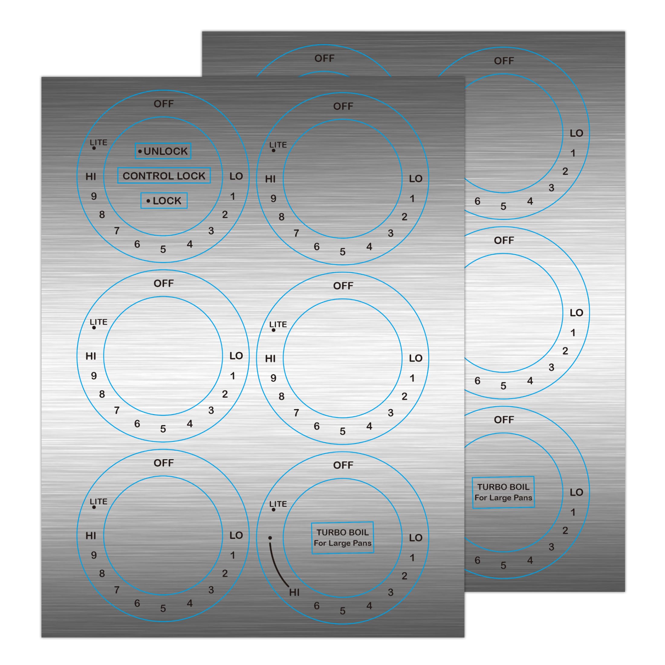 Photo 1 of 24 Pcs Stove Dials Stickers for Replacement - 63 mm / 82 mm Stove Knob Symbols Decals Stickers Black Symbols on Silver Background for Top Burner Control Dial, Range Oven, Gas Stove Knob Burner Identification