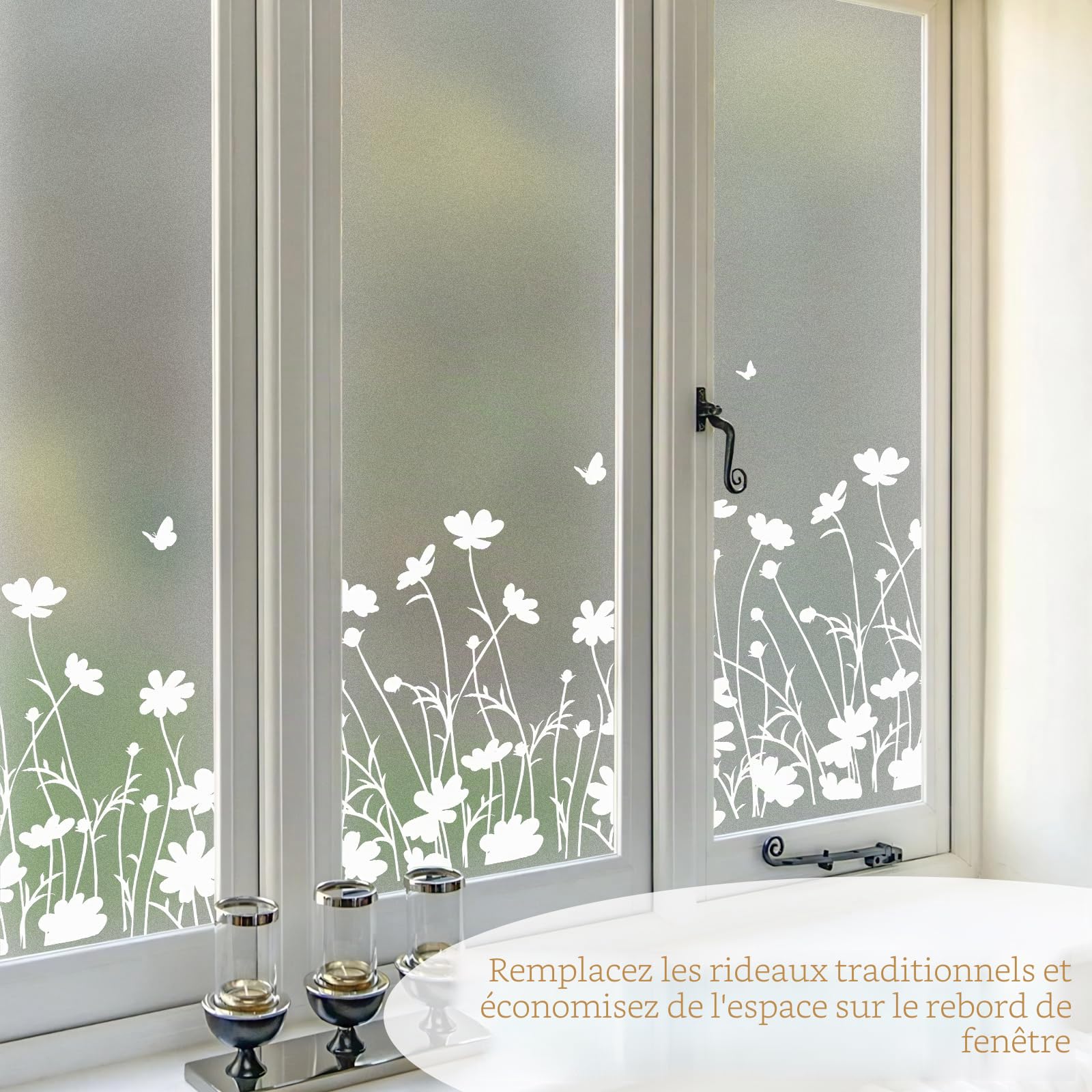 Film Fenetre Dépoli Anti Regard, Fleurs et Papillons, 90 x 400 cm | Bon Intimité Film Vitre, Sans Colle Anti UV, Décoratif et Réutilisable Idéal pour Salle de Bain Cuisine Vitrine, avec Outils