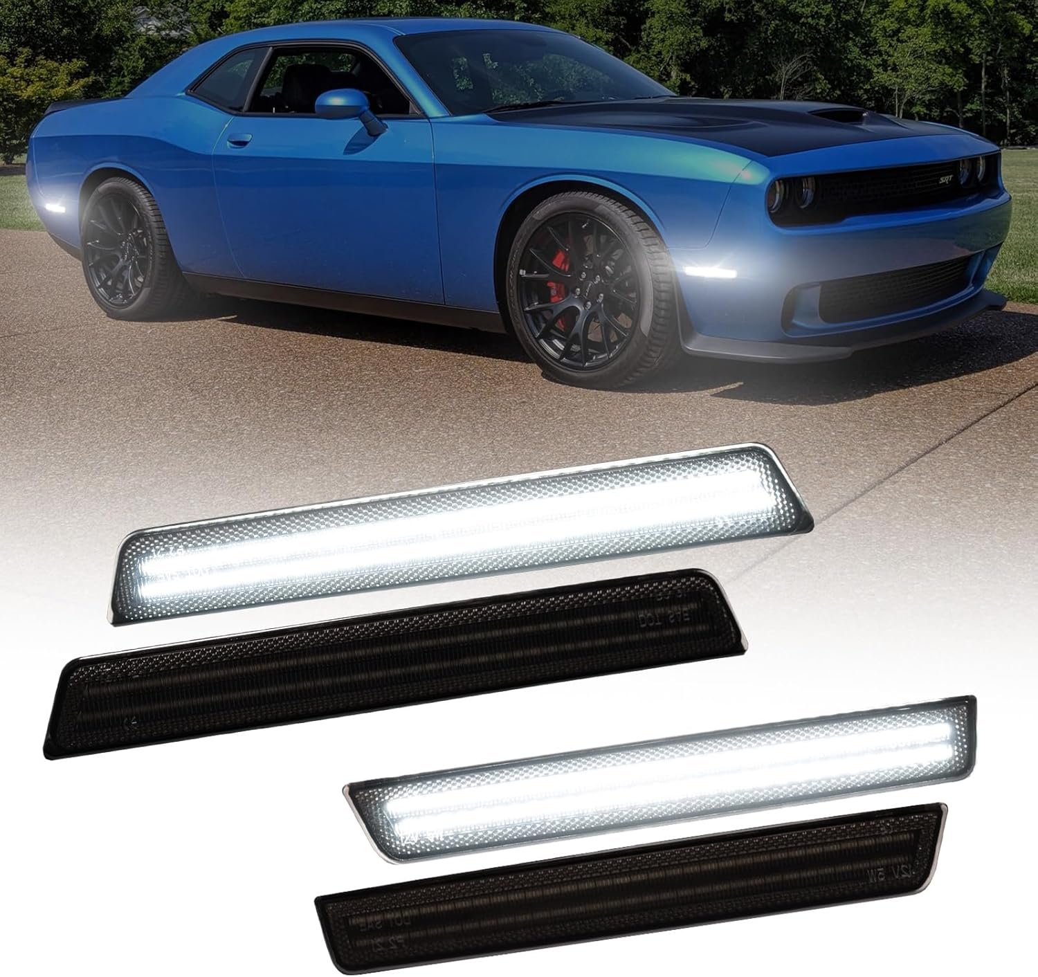 AUTOONE White LED Side Marker Lights Compatible With Dodge Challenger 2015-2023, Front & Rear Bumper Marker Lamps, Corner Parking Lamp & Smoked Len, 4PCS