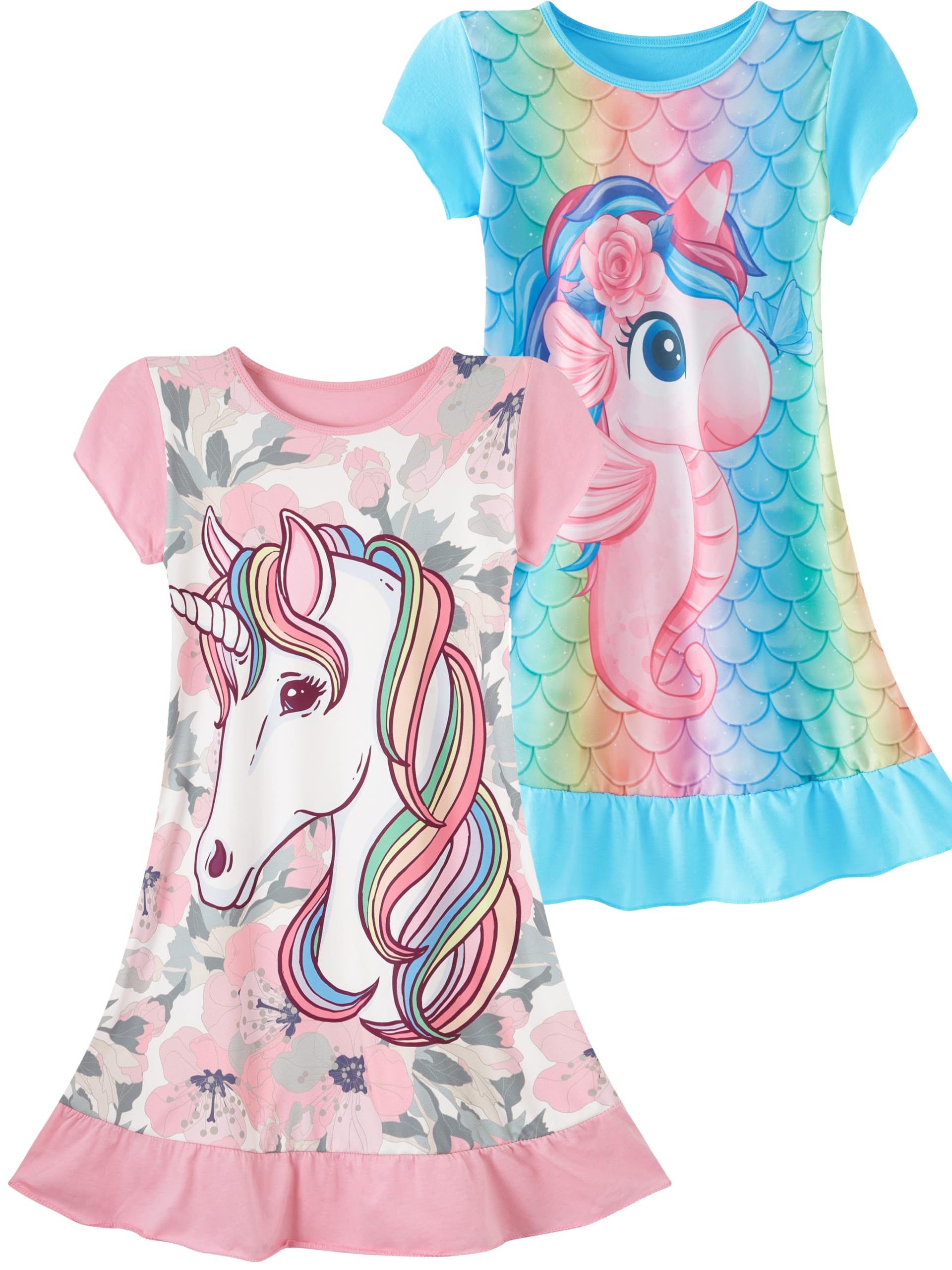 SOIBEEN Camicie da notte da bambina, confezione da 2 pezzi, a maniche lunghe, a maniche corte, in cotone, per bambine 2-9 anni