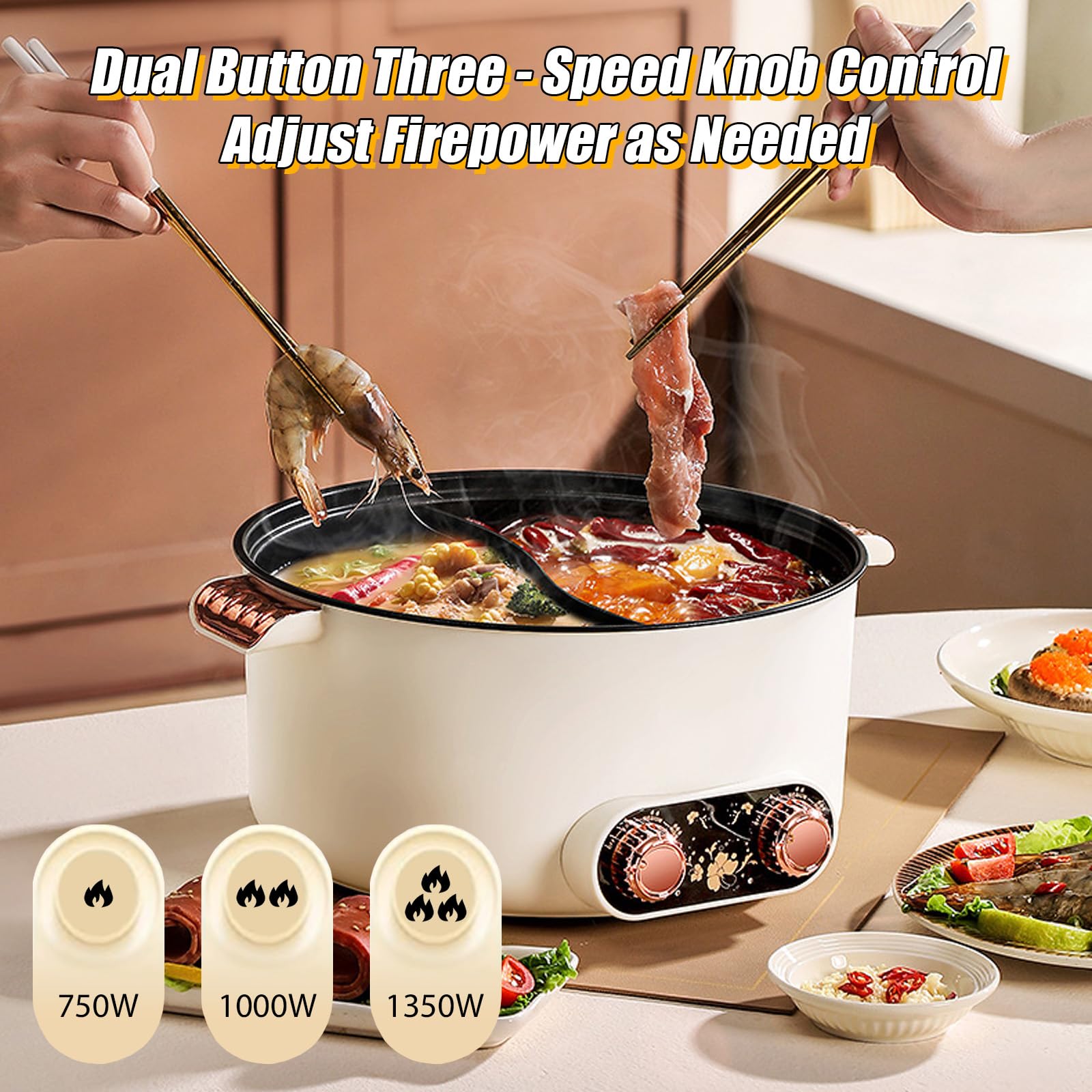 Hot Pot, pentola elettrica da 5 l, riscaldamento rapido, doppia manopola, 1350 W, rivestimento antiaderente, 3 livelli temperatura, zuppa pasta bistecca