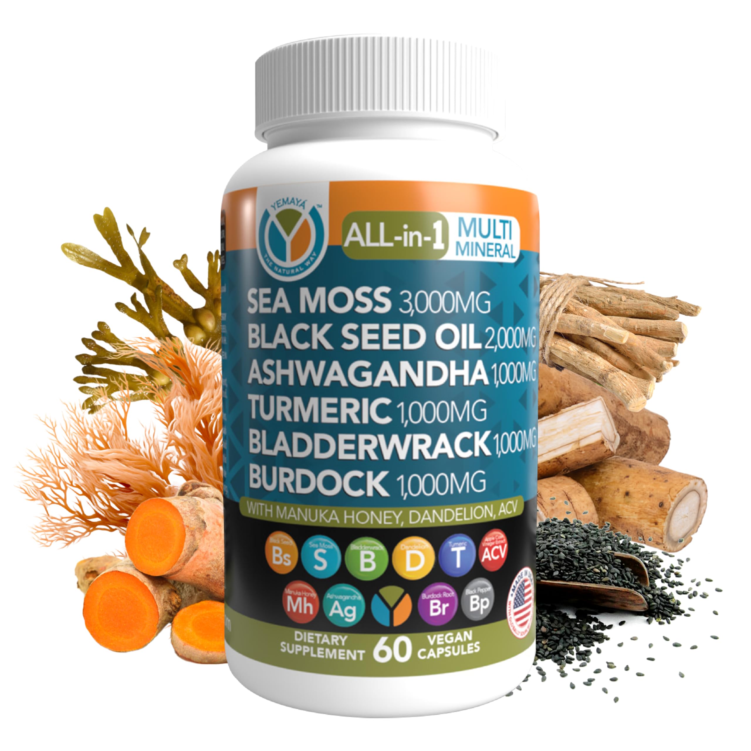 Yemayá The Natural Way All-in-1 Multi Mineral Sea Moss Raw Organic Supplement, with Organic Seamoss Black Seed Oil Ashwagandha Burdock Root, Turmeric, Vitamin C, & More, 60 Vegan Capsules