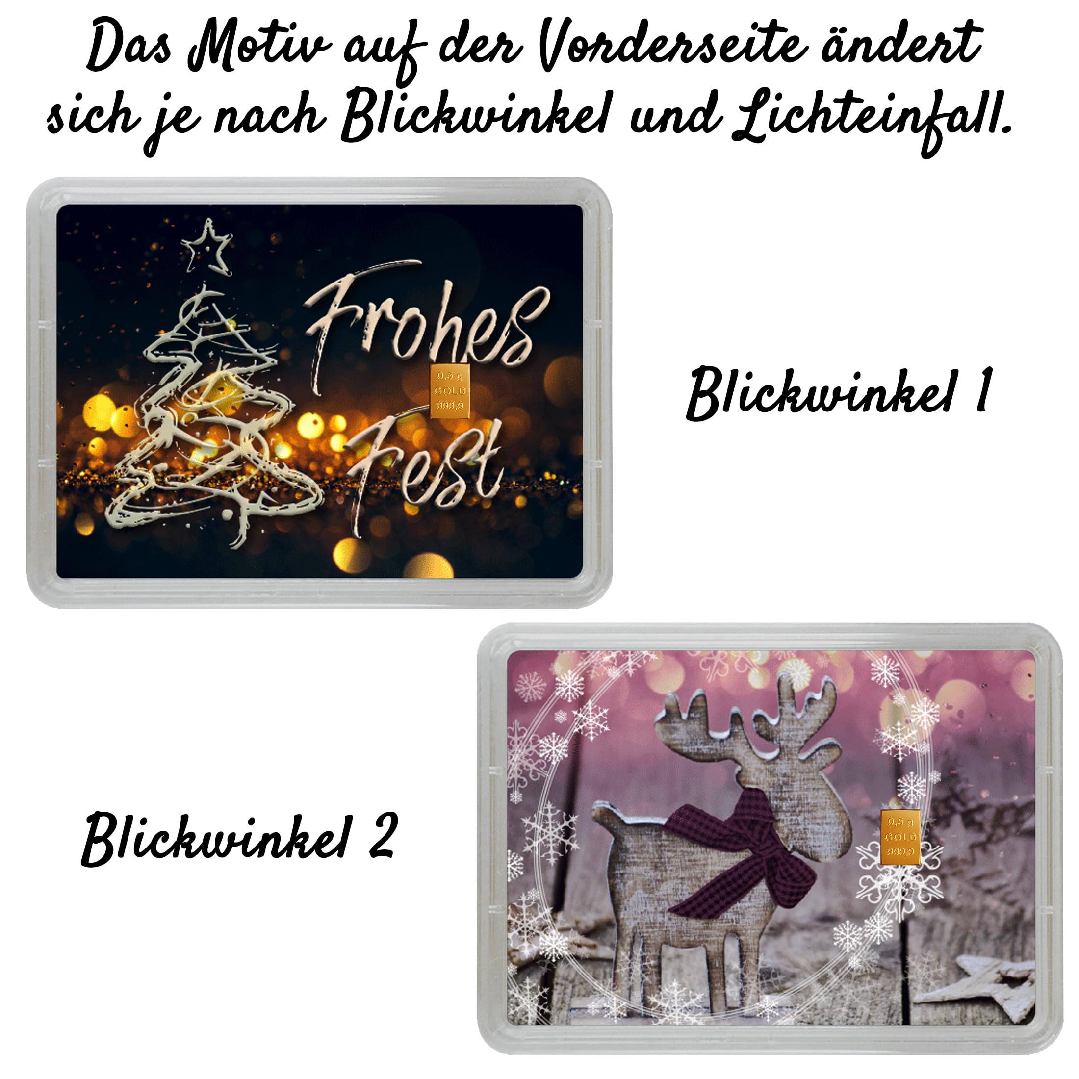 Goldstücke24 0,5 g Goldbarren 999,9 in Motivbox „Frohes Fest“ | ESG/Valcambi Gold | Echtheitsgarantie | Geschenk Weihnachten mit Wackelbild & goldenem Geschenkbeutel