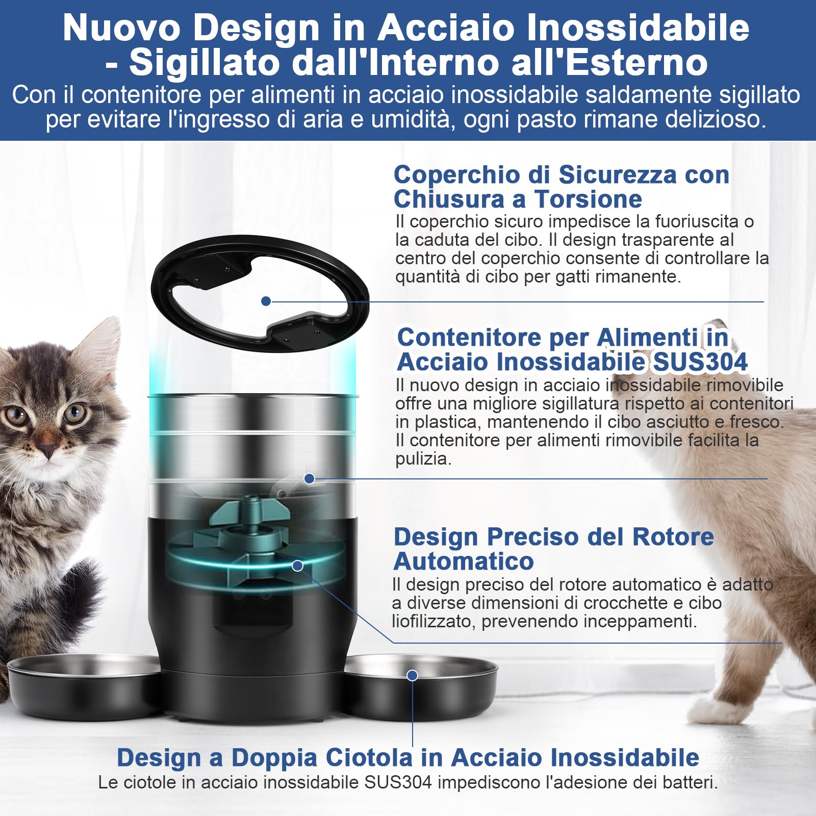 5L Distributore Automatico Cibo Gatti 2 Ciotole, Dispenser Crocchette Gatto 2.4G WiFi Acciaio Inox Anti-Intasamento 24h Timer 1-10 Pasti al Giorno Alimentazione 1-40 Porzion, Mangiatoia per Cani Gatti