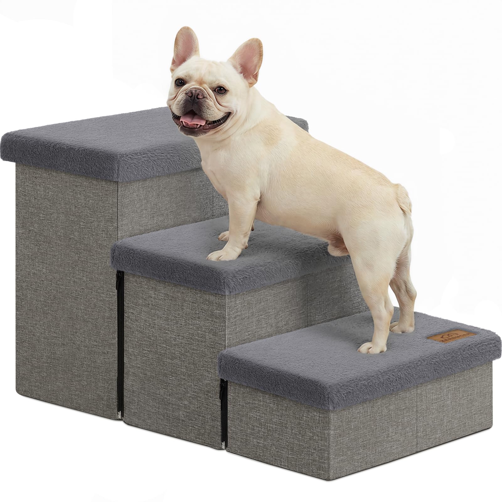 Zerbuger Dog Stairs with Storage, Grey Furry Lids 3 Steps Dog Ramp no Condo