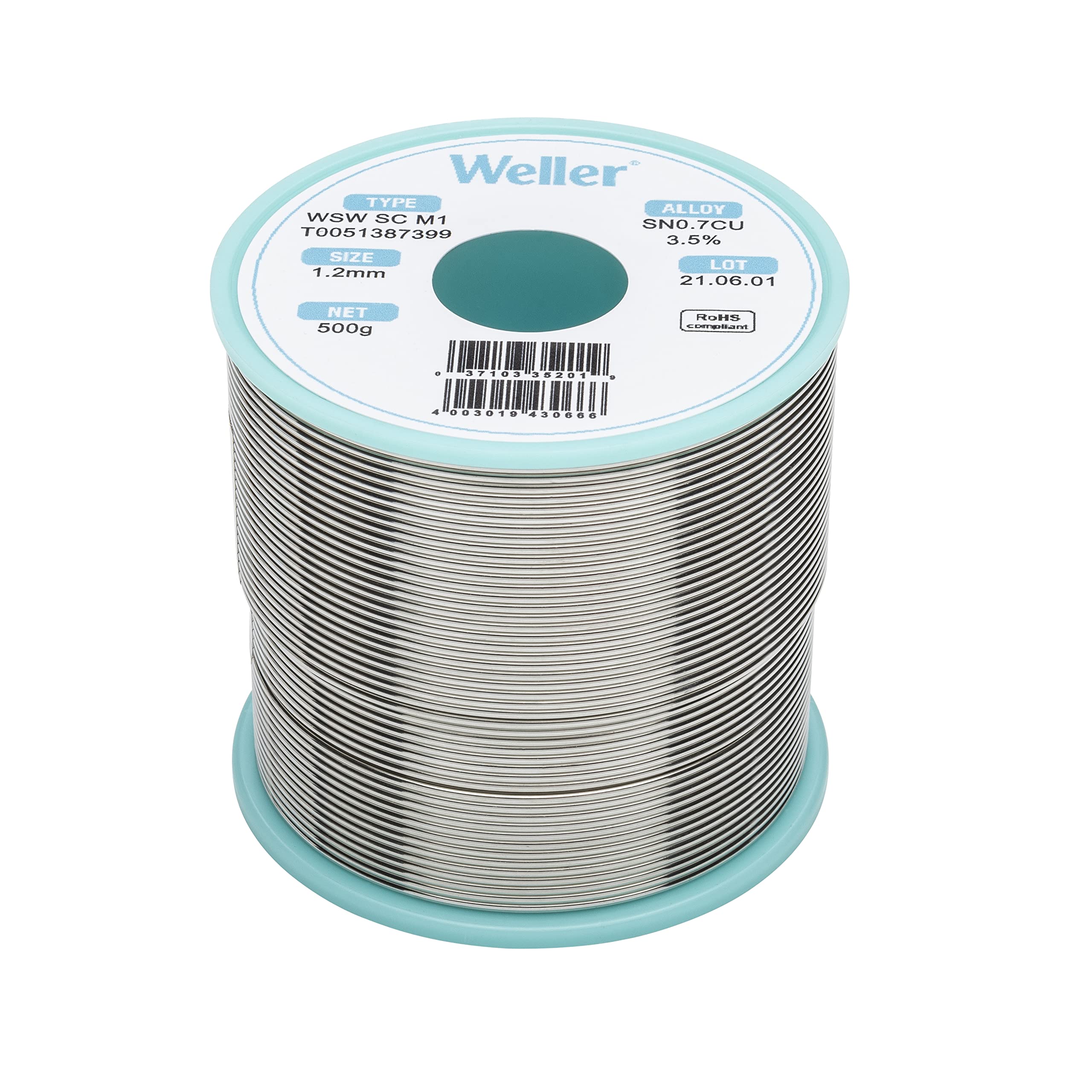 Weller WSW SC M1 (T0051387399) Alambre De Soldadura Sin Plomo, Ø 1,2 Mm, Aleación Sn99.3Cu0.7, Contenido De Fundente 3.5%, 500g