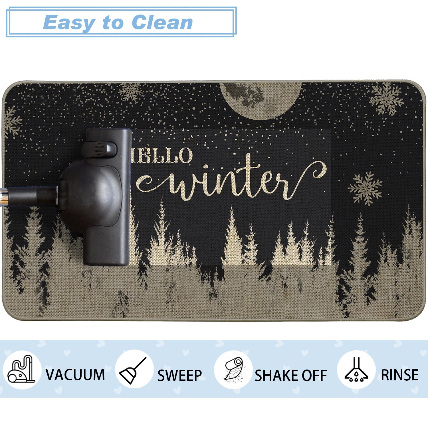 Baccessor Fußmatte mit Aufschrift "Hello Winter Night Welcome", Schneeflocke, Wald, dekorative Fußmatte für drinnen und draußen, Weihnachtseingang, rutschfeste Gummi-Rückseite, Vordermatte, Küche,