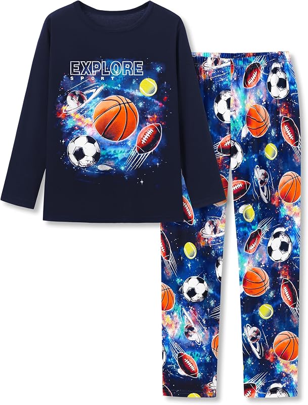 Boys 2-Piece Long Sleeve Pajamas Sport Game Space Size 6-18 | Cool Graphics Baseball Controllers Astronauts, Soft Stretchy PJS for Kids, Long Sleeve Top & Pants Sleepwear