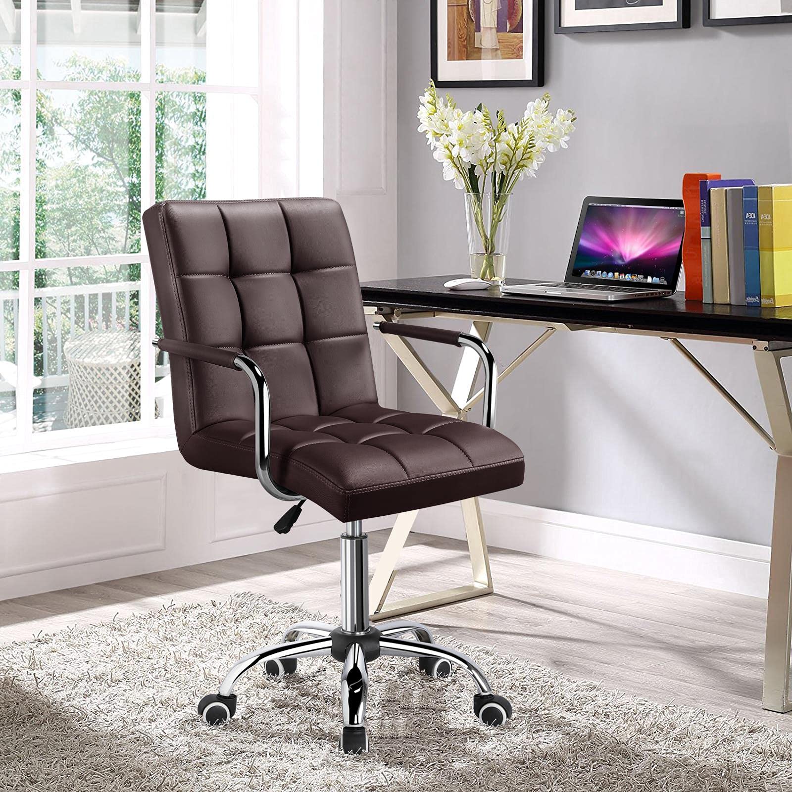Yaheetech Silla de Oficina Altura Ajustable Silla Giratoria Marrón Oscuro | Silla de Oficina Tapizade de Piel Sintética, Silla Escritorio Trabajo, con Ruedas Giratorias, Con Respaldo