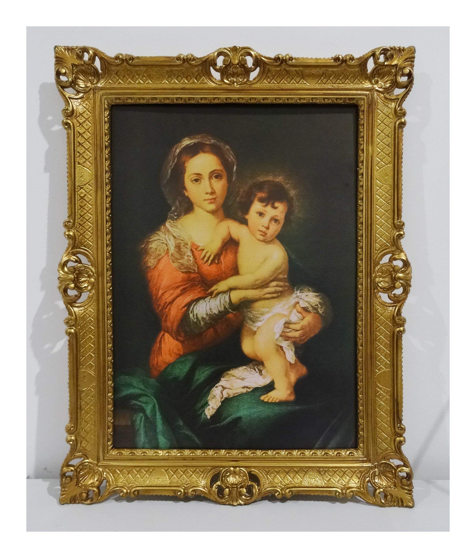 LA VERGINE COL FIGLIO BY MURILLO 90x70cm Antik Barock Rahmen mit Bild Wandbild 70x90cm Kunstdrucke Gemälde Religiöse Bilder Kunst von Heiligen Heiligenbild Retro Repro für Home Büro Praxis Café 58B