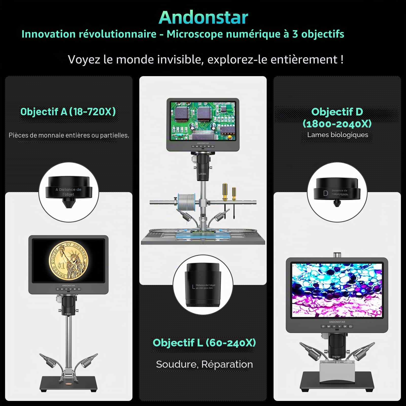Andonstar AD249S-M Plus Microscope numérique à souder HDMI 10,1'' pour réparation électronique, enregistrement vidéo 2000x 3 lentilles 2160p UHD, station de microscope à souder avec mains aidantes