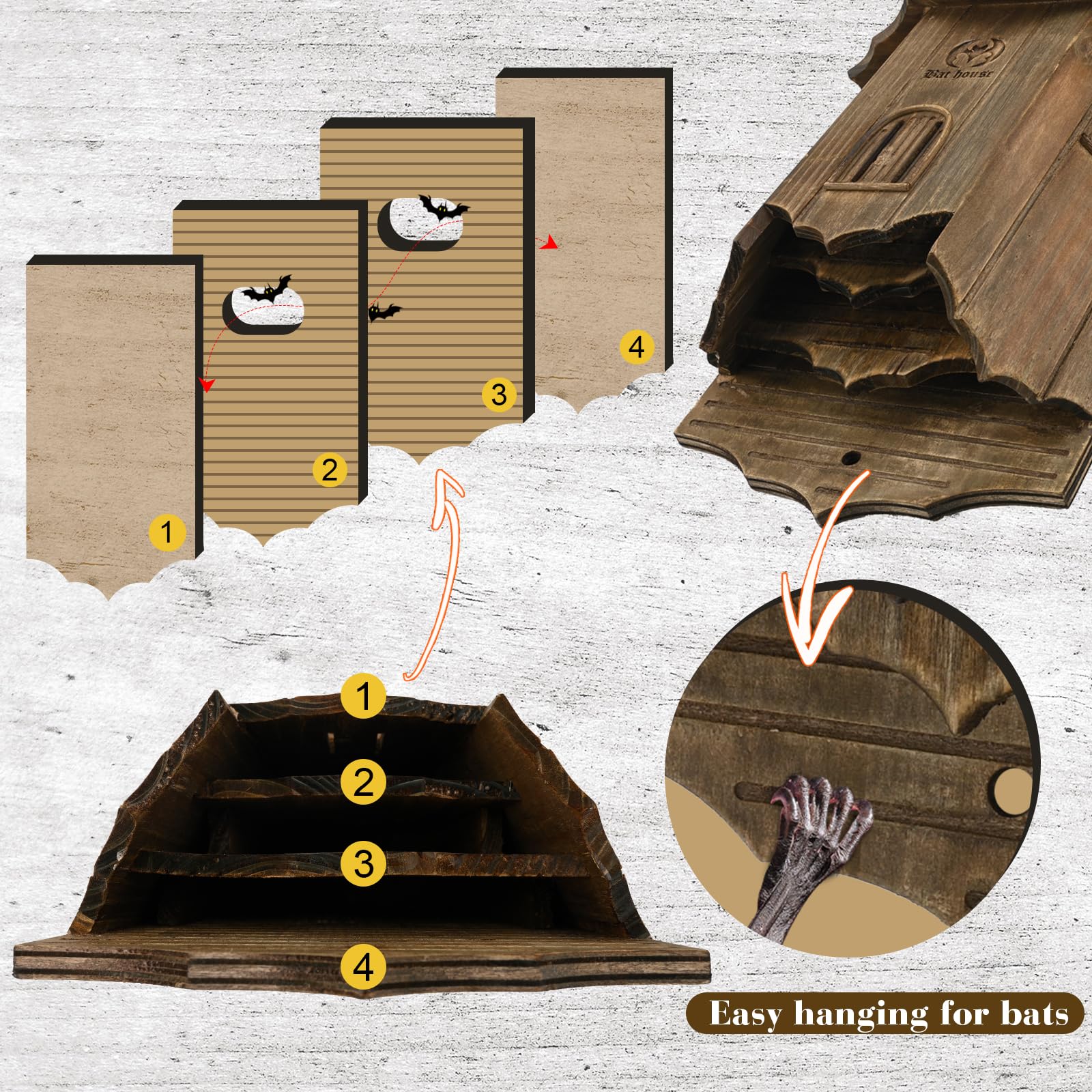 VIREESR Casas de madera para murciélagos de castillo para exteriores, cajas de murciélagos para exteriores, caja grande de tres cámaras perfectamente diseñada para atraer murciélagos, duraderas y