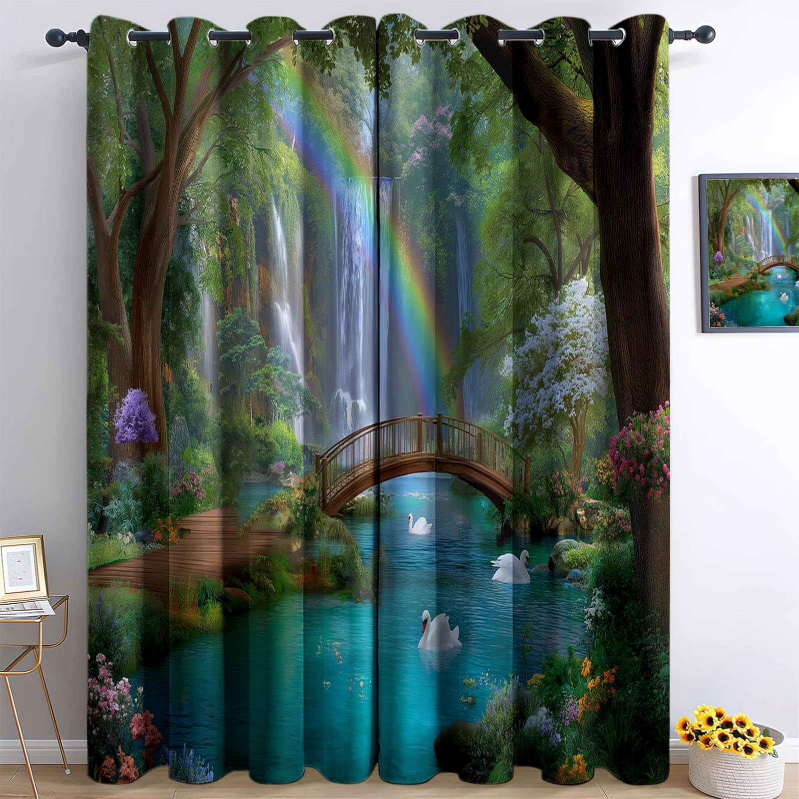 110 x 215 cm Zasłony 2 panele, wzór wodospad tęczowy drewniany most zasłony zaciemniające na okna, zielone zasłony dekoracyjne dla dzieci chłopców dziewcząt sypialnia i salon kuchnia