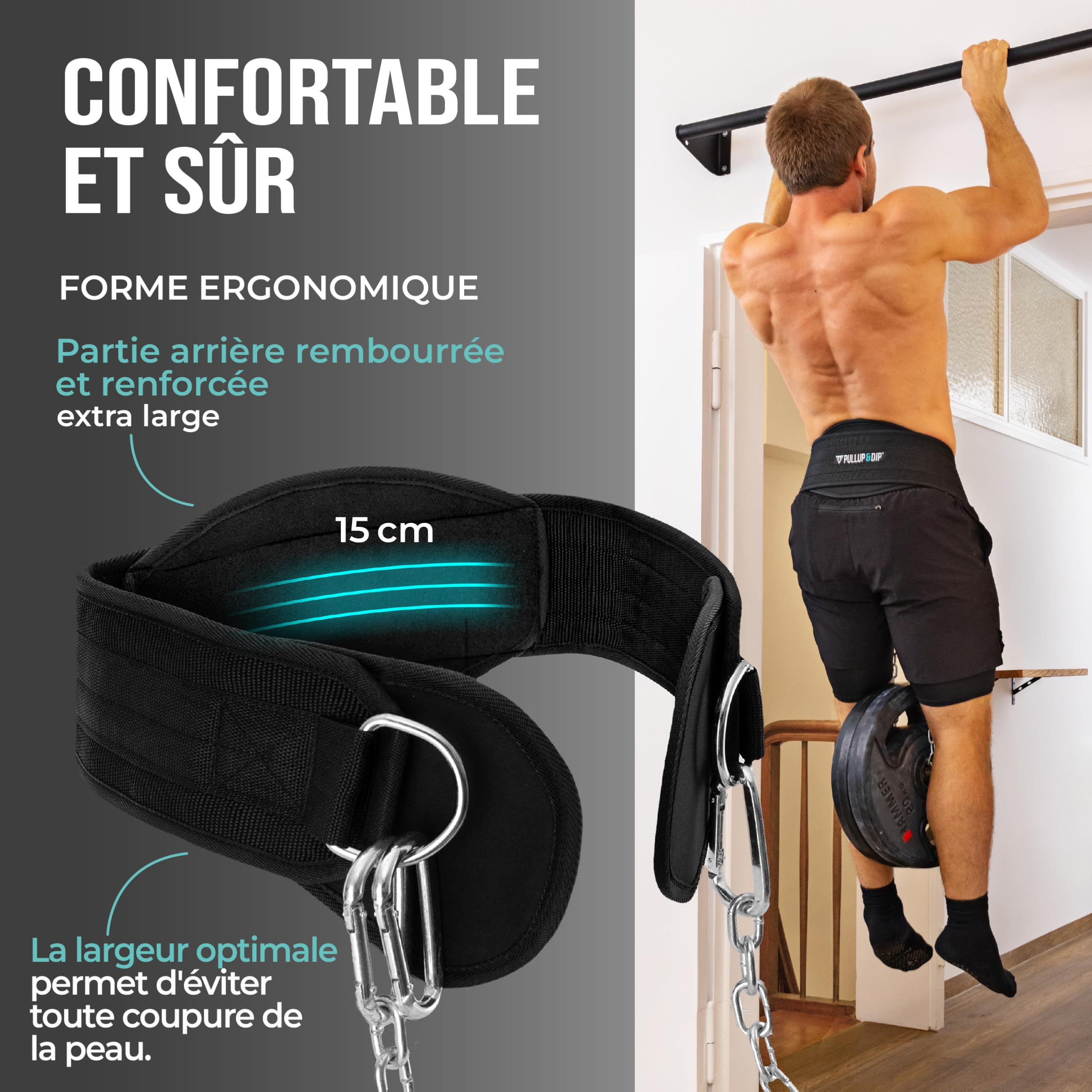 PULLUP & DIP Ceinture Lestee avec Chaîne et 3x Mousquetons, Dip Belt avec Rabats en Néoprène pour Protéger les Vêtements, Ceinture d'Haltérophilie, Dip Belt, Ceinture de Tractions pour Musculation