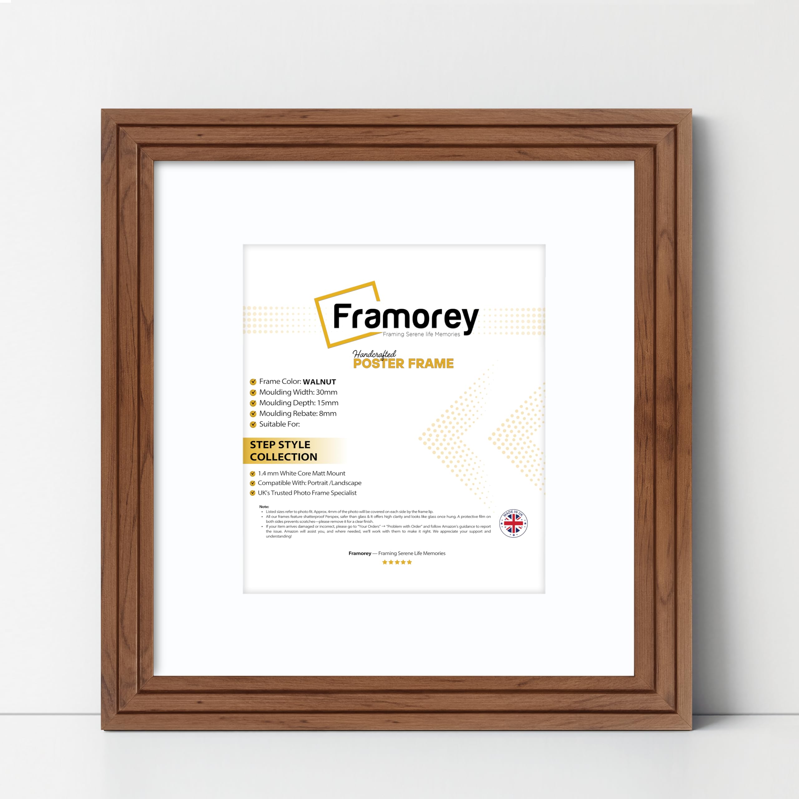 Framorey Framing Serene Life Memories Walnut With White Mount Framorey Oxford Step Style Wooden Effect Picture Frame, 12X12" Square Size Walnut Photo Frame With 10X10" Size White Mount, Wall Hanging Frames, Personalized Frames