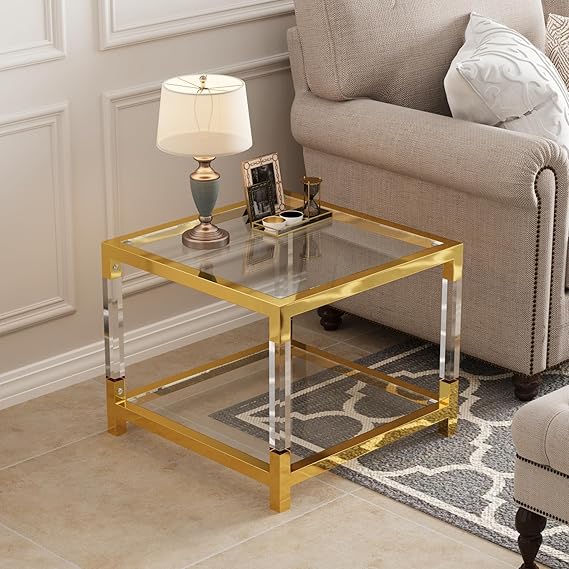 Glass End Table, 21.6'' Modern Glass Table, Gold Square