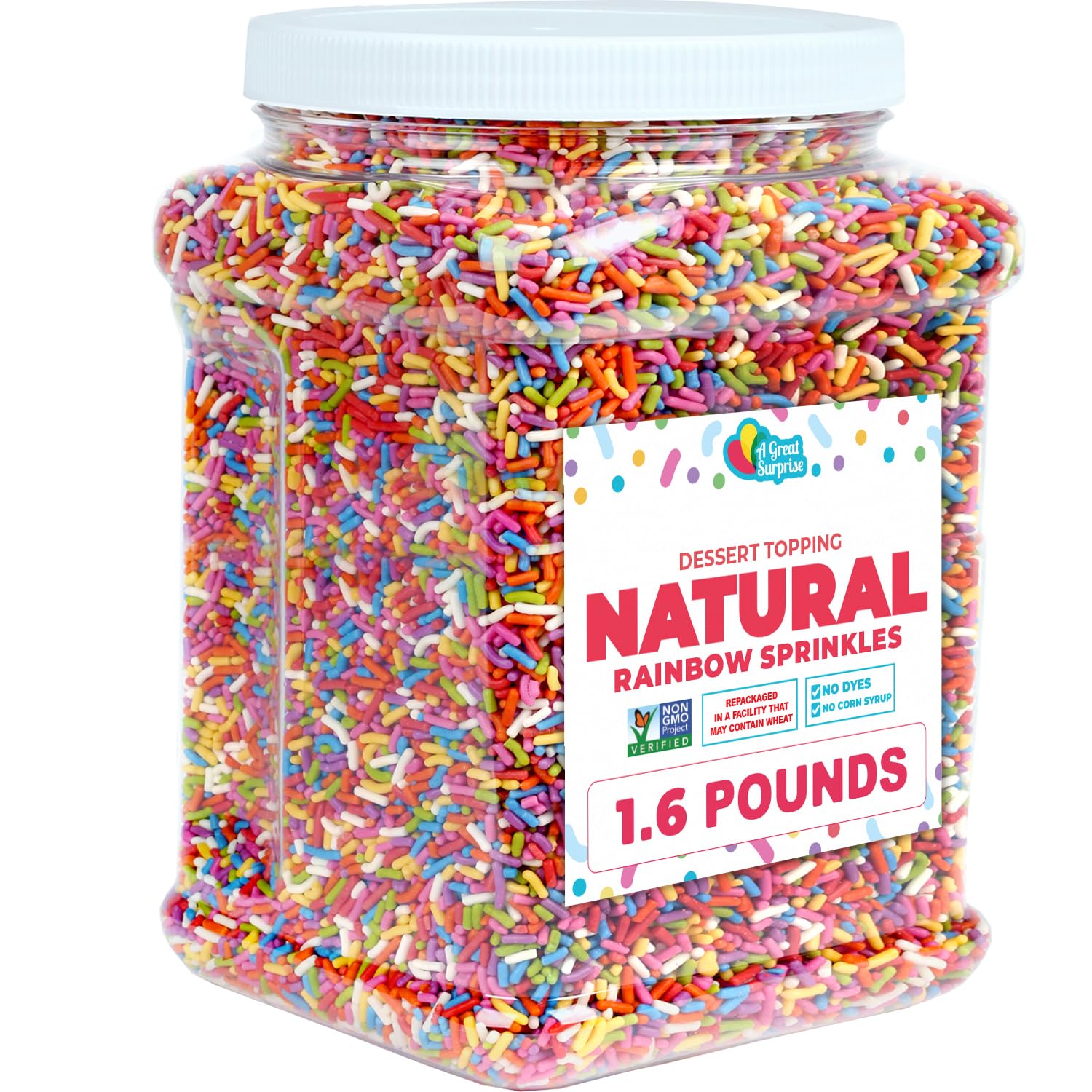 A Great Surprise Dye-Free Rainbow Sprinkles – 1.6 Pounds - Natural Vegan Baking Toppings with No Artificial Dyes or Flavors – Non-GMO Jimmies for Cookies, Cakes, Ice Cream & Cupcakes