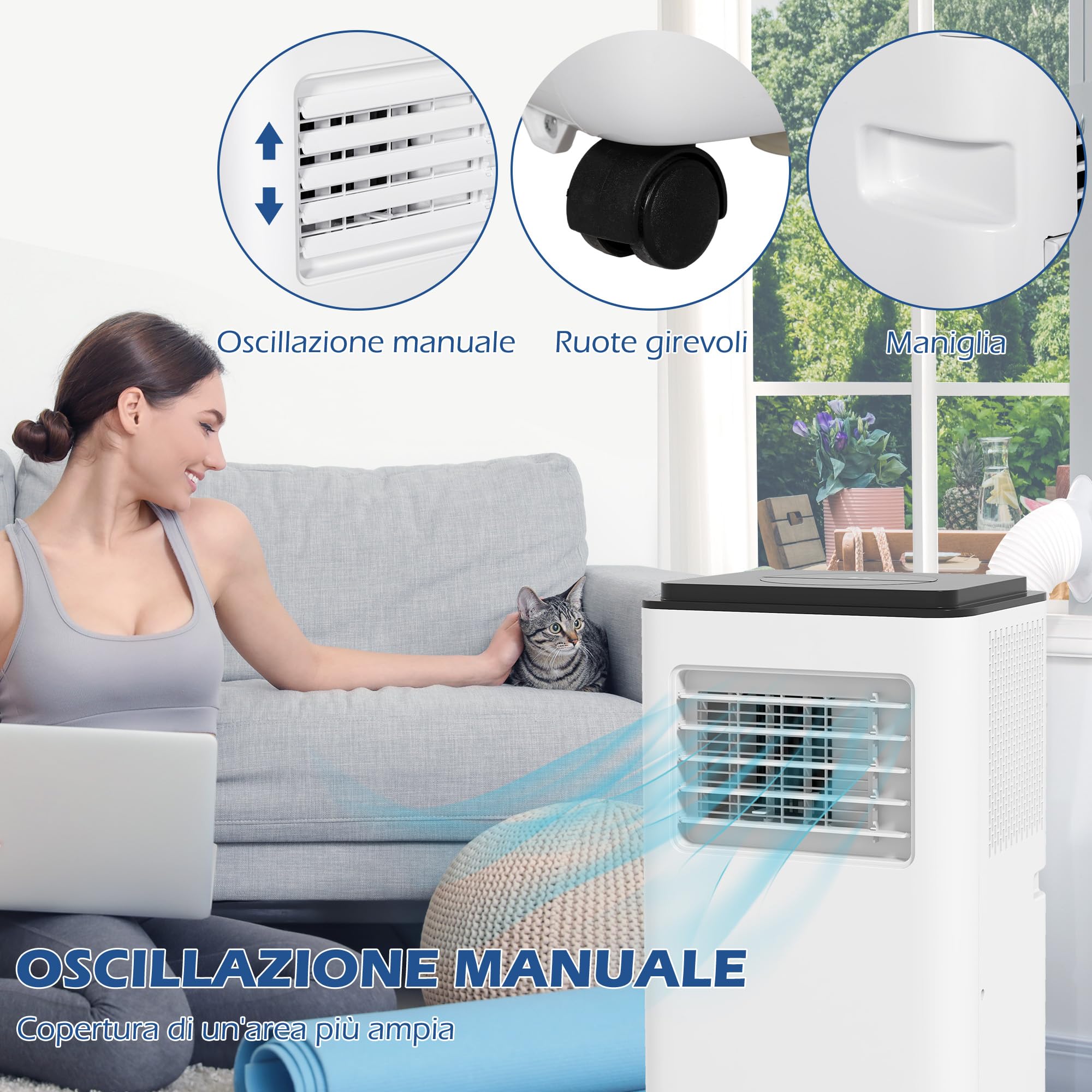 HOMCOM Condizionatore Portatile 7000BTU 2KW con Deumidificatore 3 in 1, 5 Modalità, 2 Velocità e Timer 24h, Climatizzatore Portatile con Display Digitale, Telecomando, Per Stanze Fino a 25㎡, Bianco
