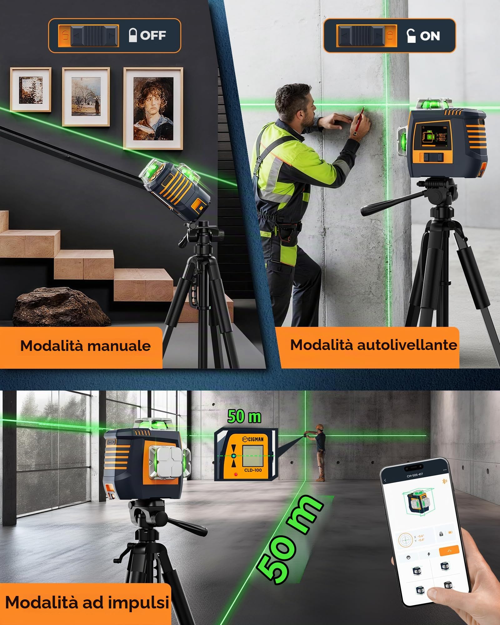 CIGMAN Livella Laser 3D Autolivellante App Controllo Intelligente a Gesti | con Display LCD, Laser a Linee Verde per Interni e Lavori Edili, Gamma: 30M (CM-S05)