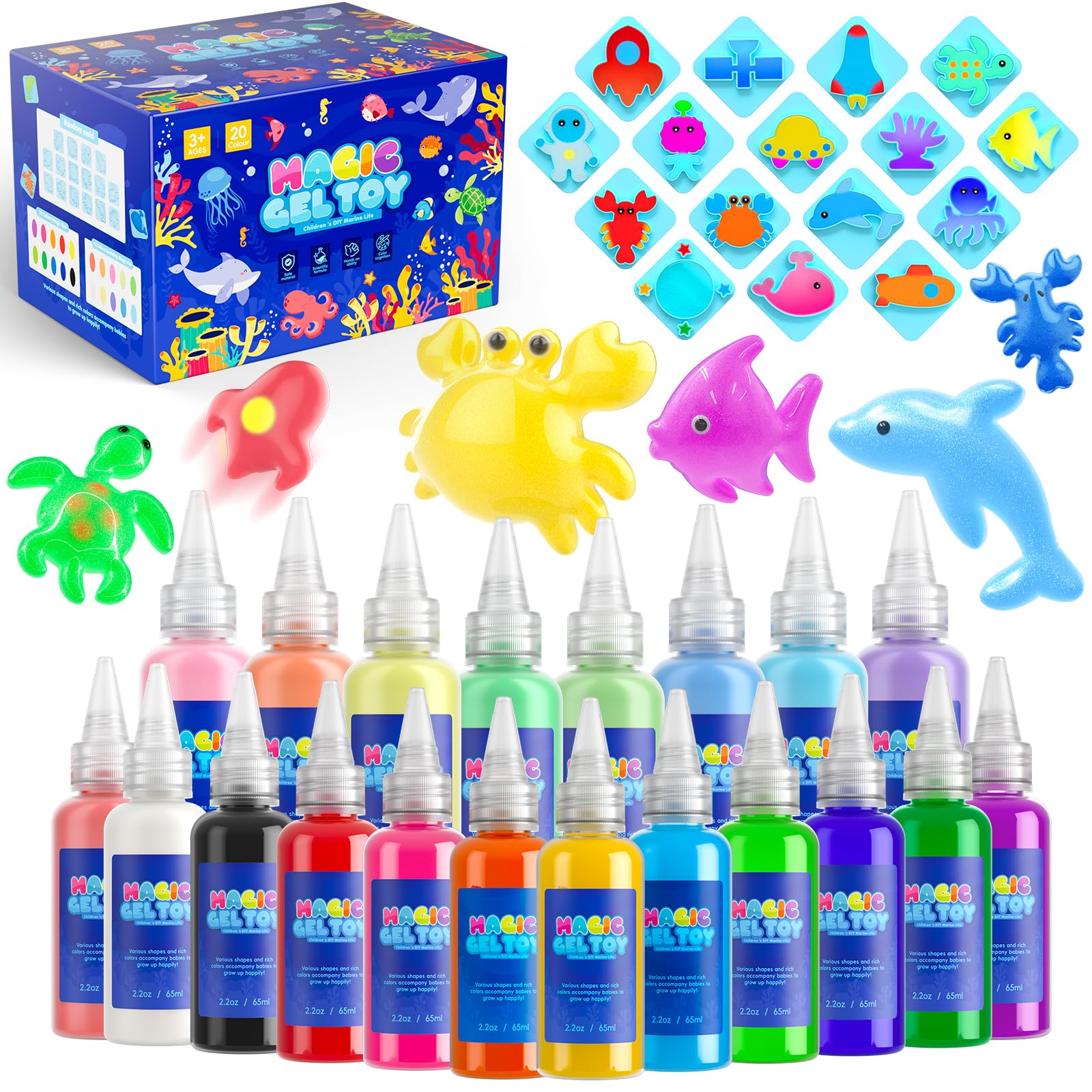 Hot Bee Magic Water Gel Kinder Spielzeug ab 4 5 6 7 Jahre DIY Magic Jelly Elf Kit Aqua Gelz Set 20 Farben 8 Doppelseitig Formen Geburtstag Geschenk für Mädchen Jungen 4 5 6+ Meerestier