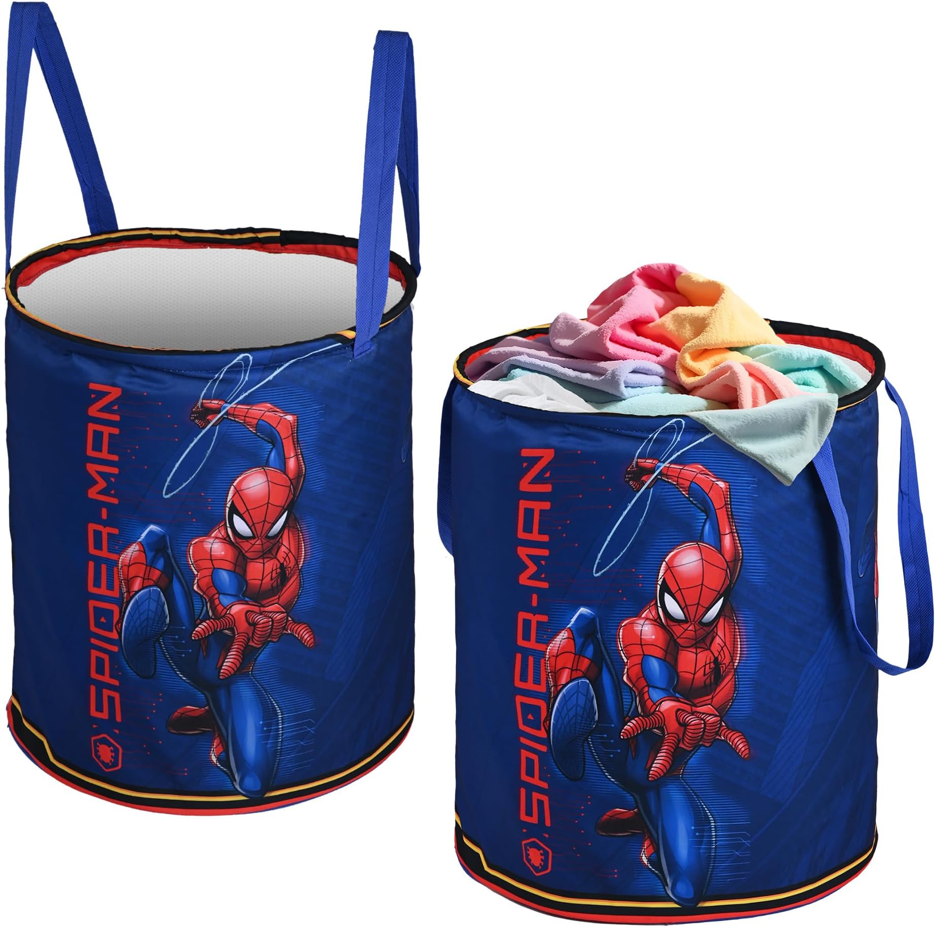 Kuber Industries Pack of 2 Foldable Dirty Clothes 45L Laundry Basket With Handles | Baby Unwashed Dress Storage Box | Marvel Spiderman - Blue & Red