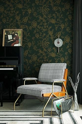 Miniatura 4 de Safiyya Papel tapiz de contacto dorado y verde oscuro, diseño de pájaros florales, despegar y pegar, extraíble, papel tapiz bohemio, papel de