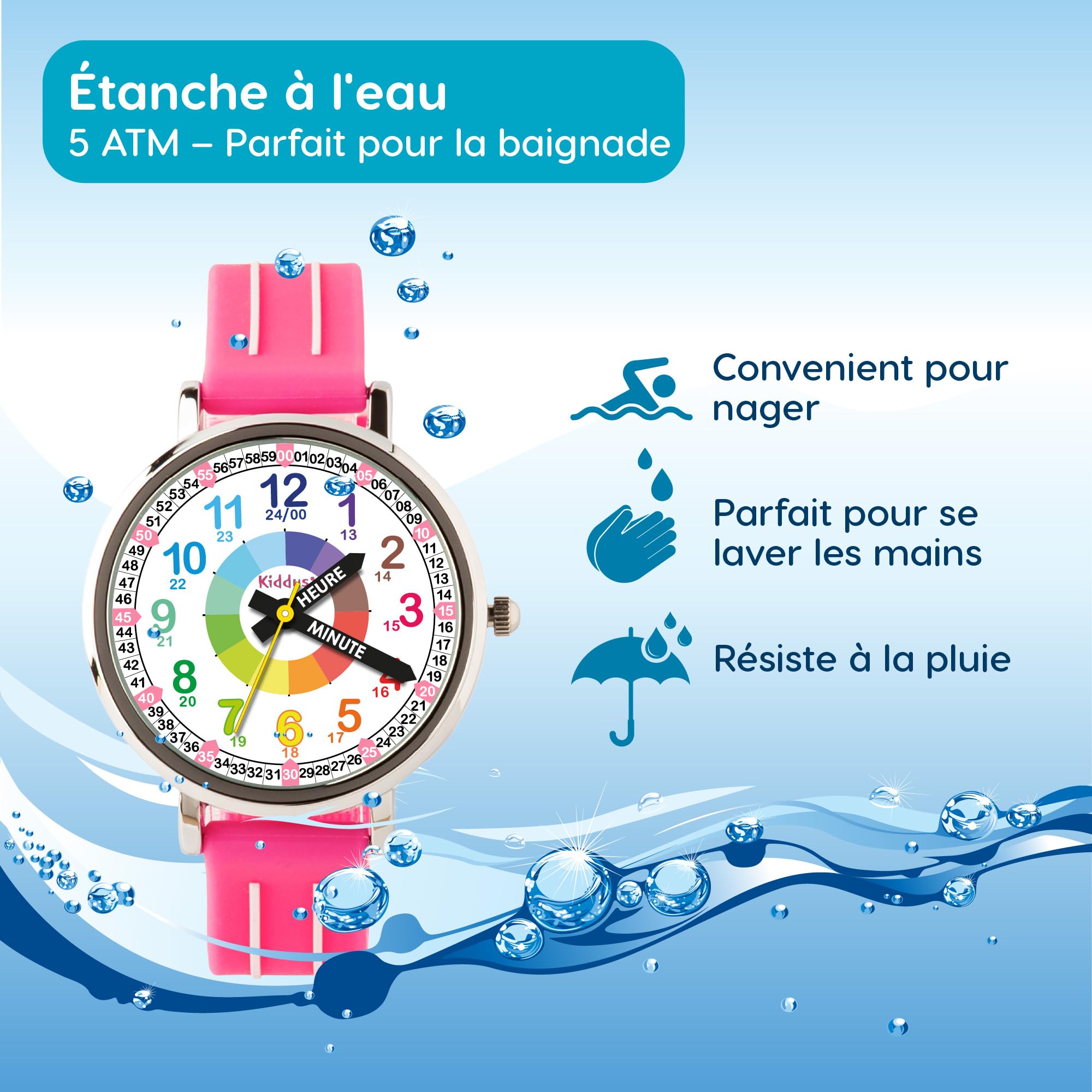Kiddus Montre Enfant Fille et Garçon à partir de 5 Ans, Montre Éducative Analogique à Aiguilles, Apprentissage de l'Heure, Mouvement Japonais