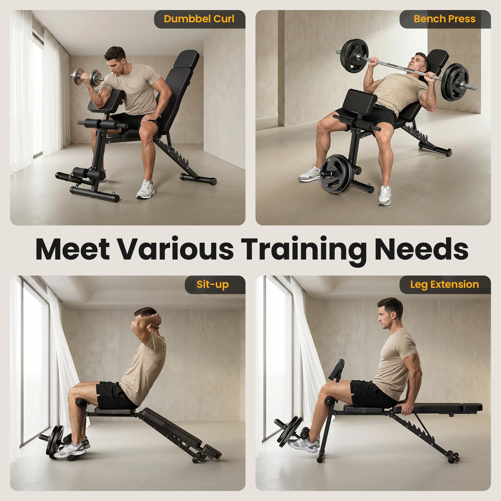 Adjustable Weight Bench for Home Gym, Foldable Workout Bench with Leg Extension and Leg Curl, 770 LBS Multi-Function Preacher Curl Weight Bench for Full Body Training Fitness, Incline Decline Flat Sit Up Bench Home Gym Equipment with Wheels for B