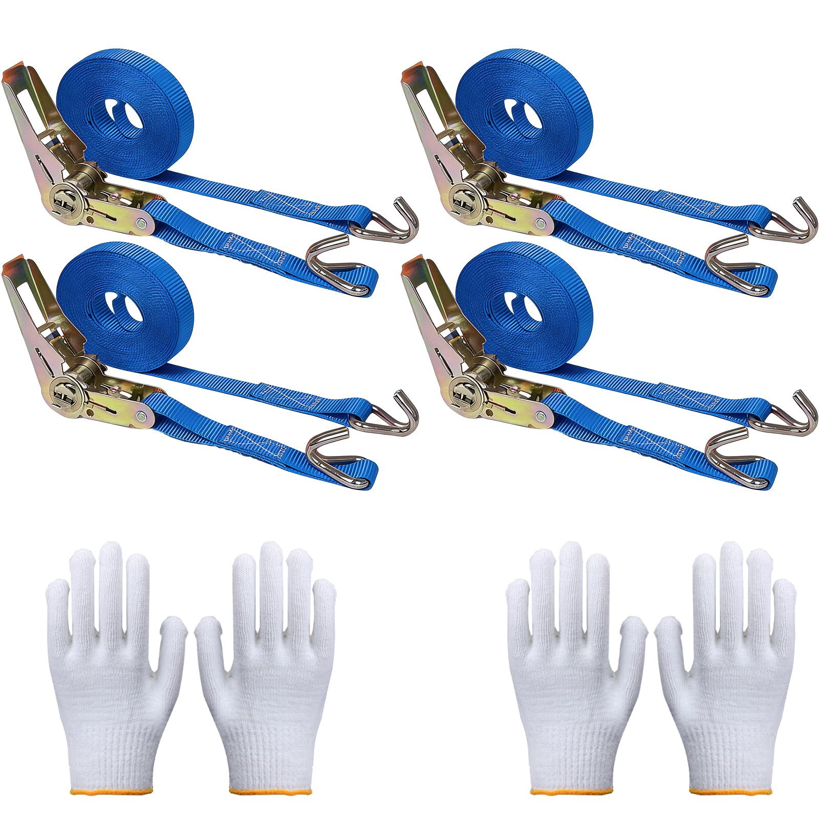 Ratchet Straps Heavy Duty 4 Pack with Work Gloves -15 FT - 2200 LB Break Strength with J Hook Cargo Straps Tiedown Ratchet for Moving and Transports with Trailers, Pickup, Flatbed Trucks ﻿