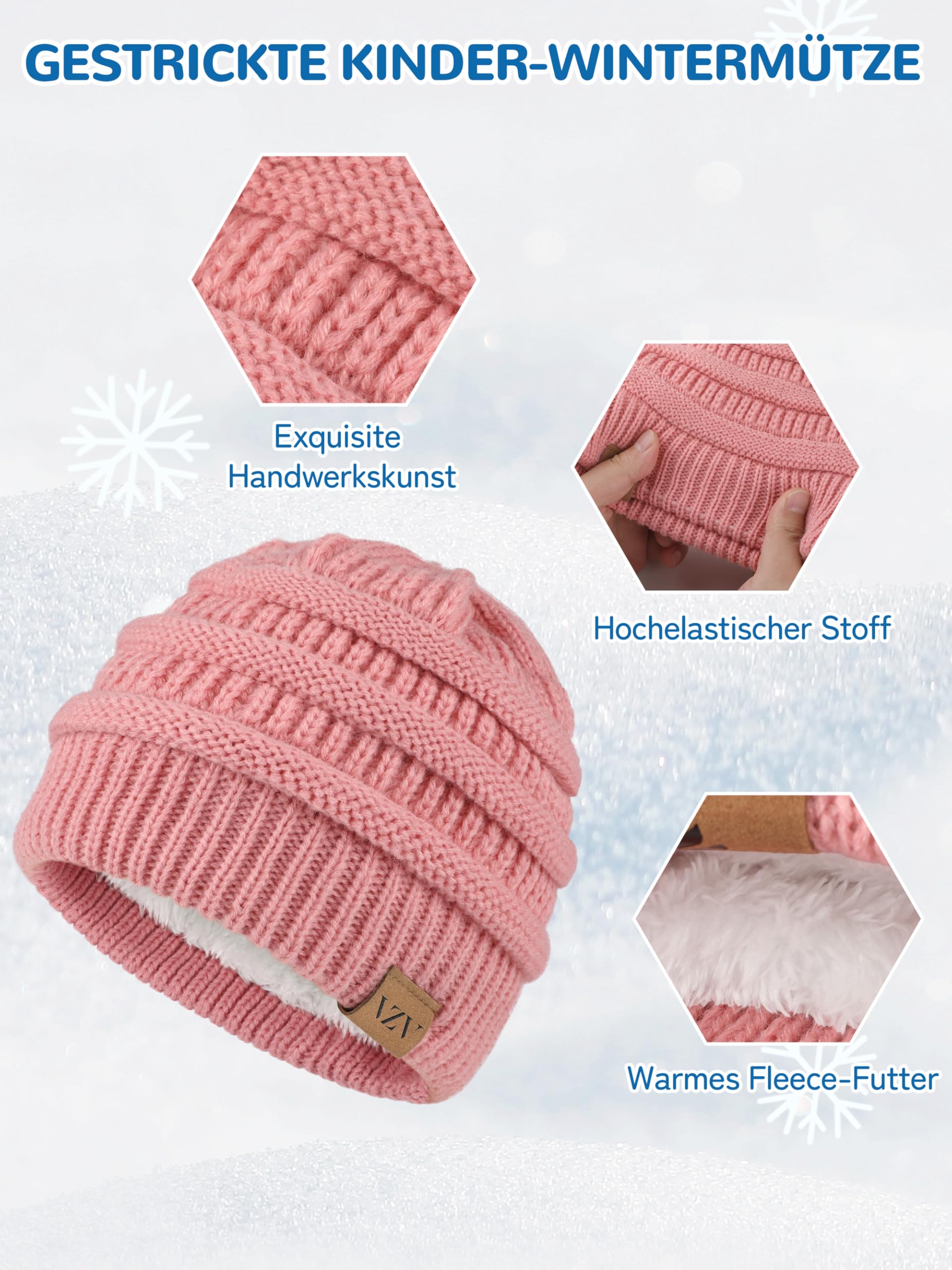 VZV 3 Wintermütze Kinder Schal Handschuhe Set, Mädchen Strickmütze Winterschal Thermo Fleecefutter Handschuhe für Jungen Mädchen 2-10 Jahre