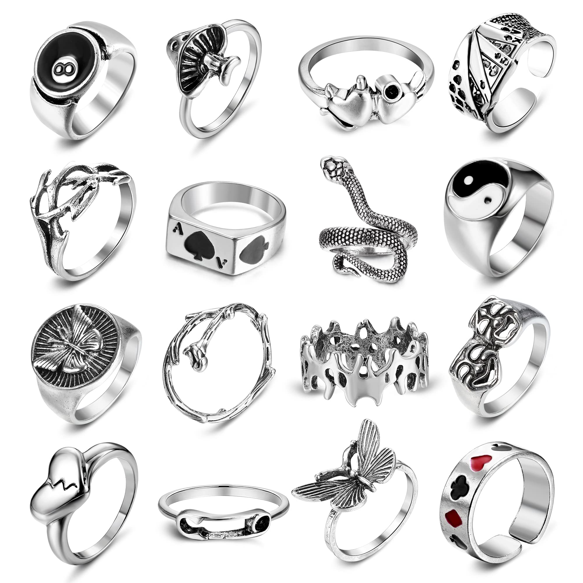 MILACOLATO Vintage Punk Anillos Set Para Mujer Hombre Plata, Cool Yinyang Góticos Anillos Paquete, Abiertos Boho Nudillos Gruesos Anillos, Garra Serpiente Apilables Anillos 16/30/42 Piezas