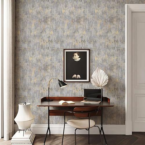 Miniatura 3 de Simon&Siff Papel tapiz texturizado envejecido, papel tapiz metálico industrial de 17.3 pulgadas x 19.68 pies, papel tapiz no tejido grisdorado para
