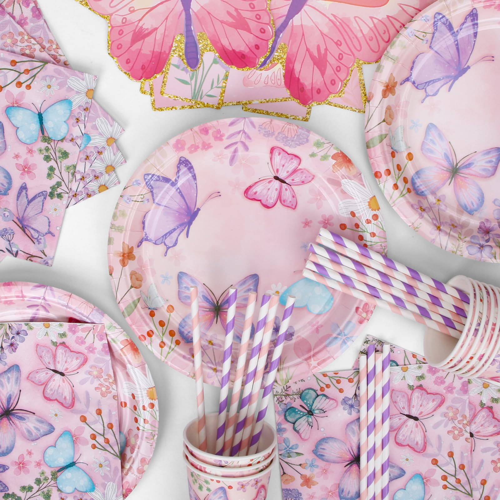 Set Decorazione Compleanno Unicorno Per 4 Anni - Stoviglie, Palloncini, Tovaglia E Torta Per 16 Ospiti - Tema Farfalla E Unicorno - Foto 6