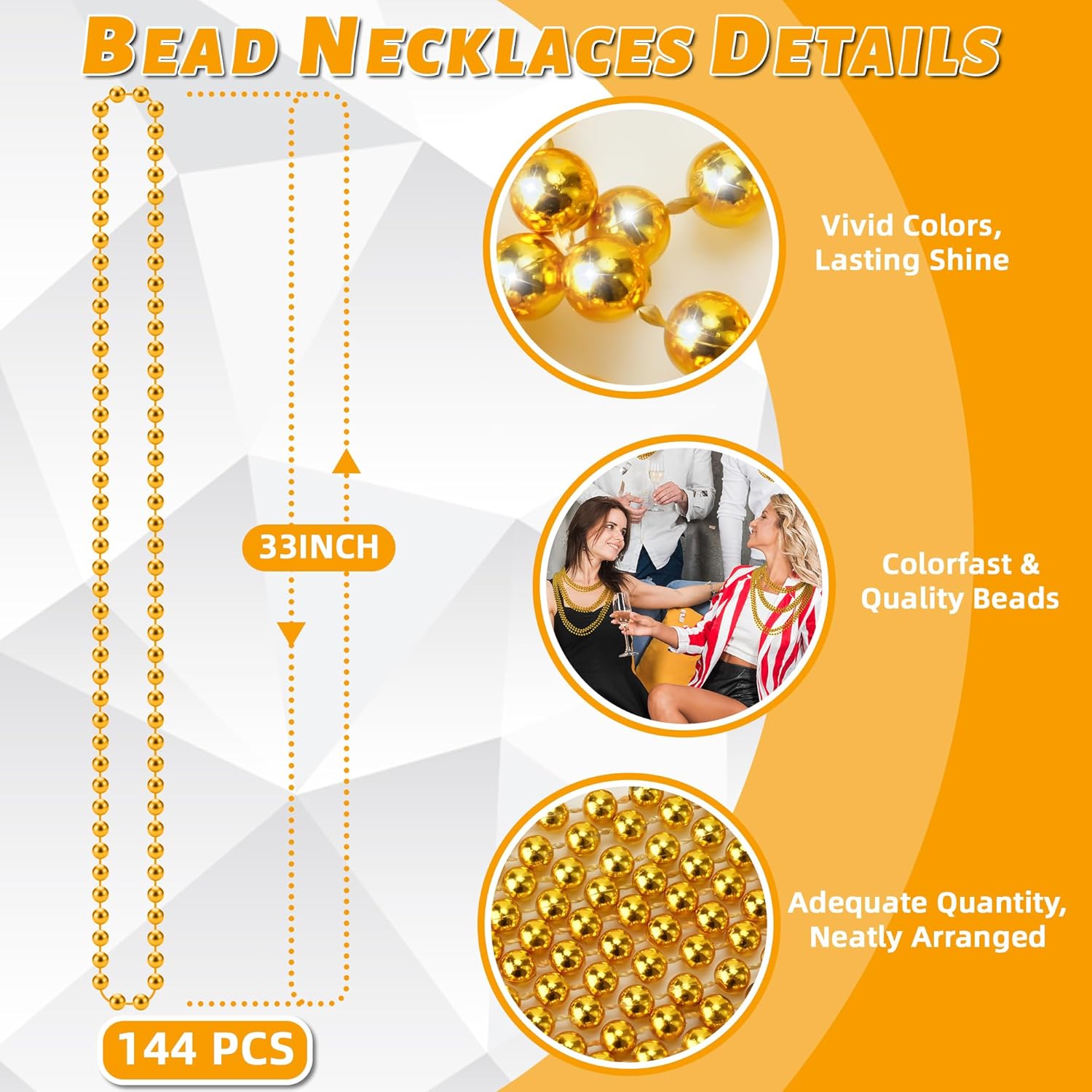YAXINRUI 144 PCS Gold Mardi Gras Beads, Gold Bead Necklaces, Christmas Bead Necklaces, 33 Inch Round Beaded Necklace for Mardi Gras Party Christmas New Year Eve Festive Events, Party Favors - Image 4