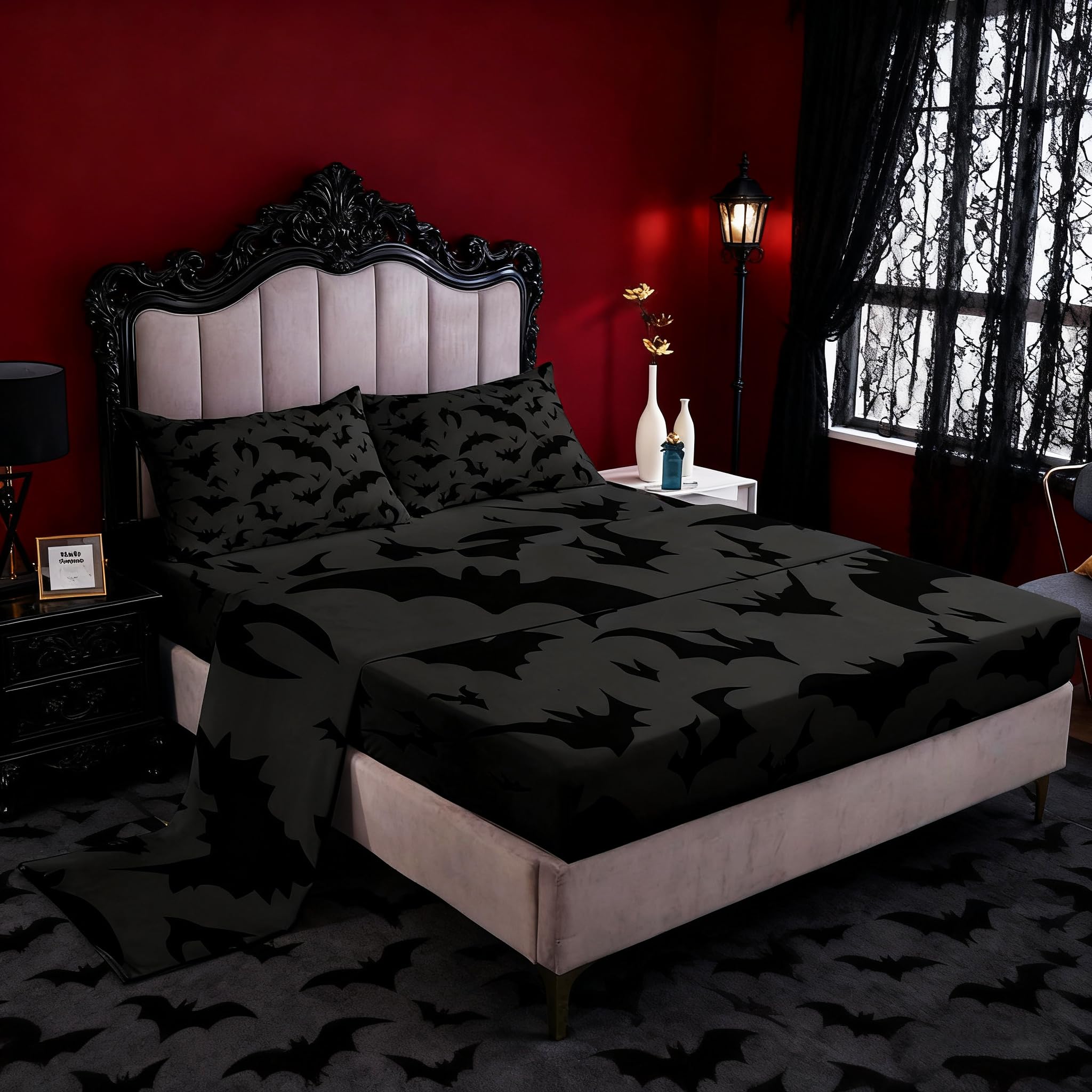 Homewish Bats Pattern Bed Sheet Set Kids Night Sheets Set 4pc Bats Microfiber Soft Bedding Set,1 Flat Sheet,1 Deep Pocket Fitted Sheet,2 Pillow Cases（