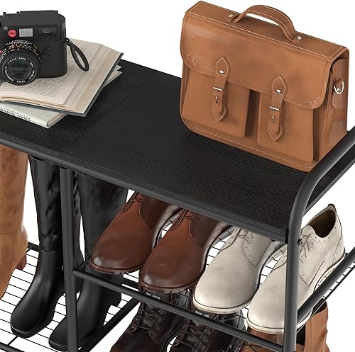 Miniatura 4 de YBING Zapatero para entrada, pequeño almacenamiento de zapatos con banco, organizador de zapatos de 3 niveles negro con estantes de metal y parte