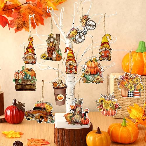 Miniatura 4 de Kigley 36 piezas de decoración de árbol de Acción de Gracias, gnomos de otoño, adornos para árbol, adornos colgantes de madera, calabazas, hojas,