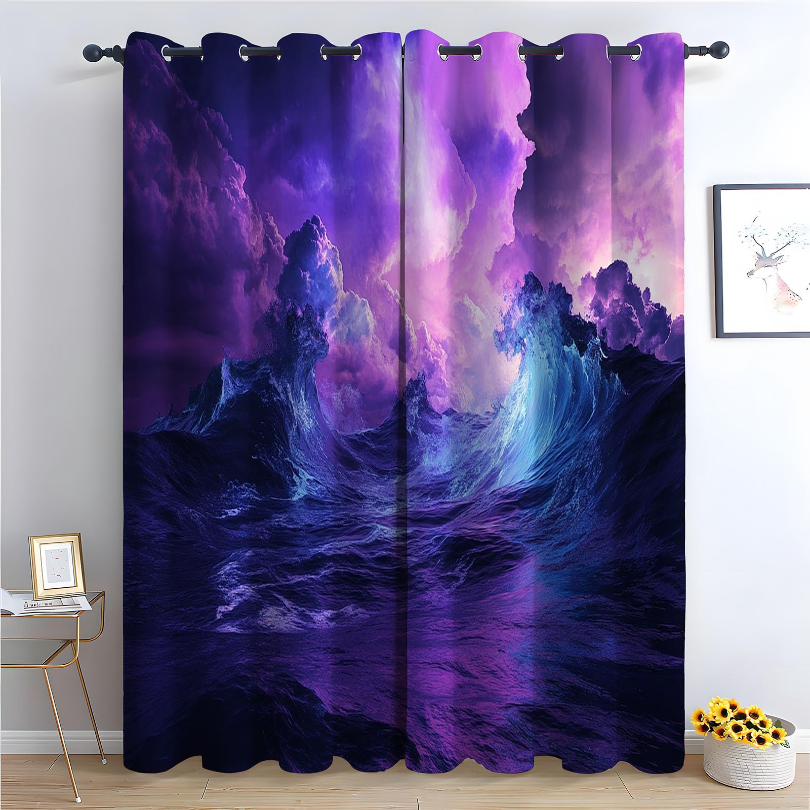 TERUEA Abstract Printed Drapes, Modern Home Decor Dramatic storm seascape with purple-blue coastal waves Curtain, Top Grommets Blackout Luxury Window Treatment for Bedroom-42 W x 54" L (Pack of 2)