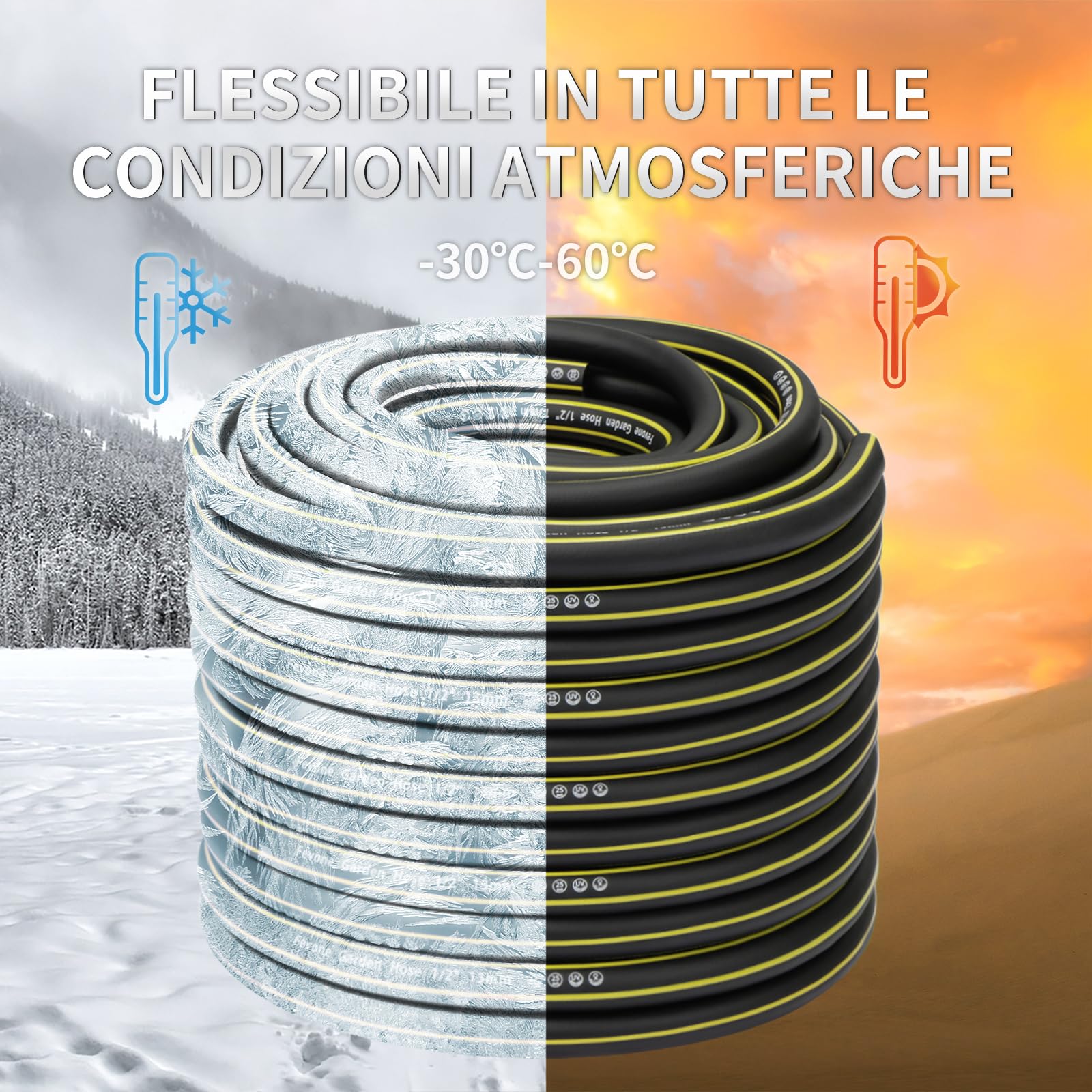 Fevone Tubo da giardino 50 metri 1/2 pollice (13mm) Tubo per giardino 4 layer 25 Bar ad alta resistenza portatile all'aperto Flessibile robusto con protezione antipiega Nero/Giallo