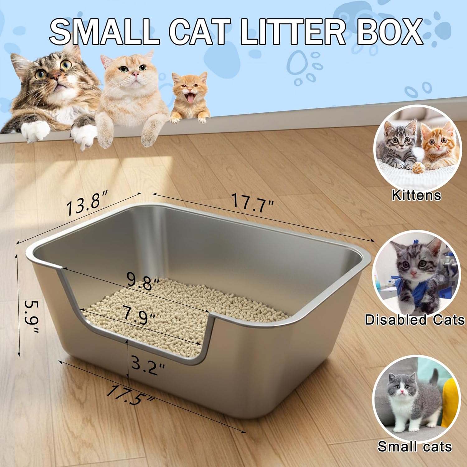 Low Entry Stainless Steel Litter Box for Small Cat, Metal Kitty Litter Boxes for Kittens Injured Cats, Shallow Litter Pan for Small & Medium Pets, Easy to Clean, Non-Stick, 17.7"L×13.8"W×5.9"H
