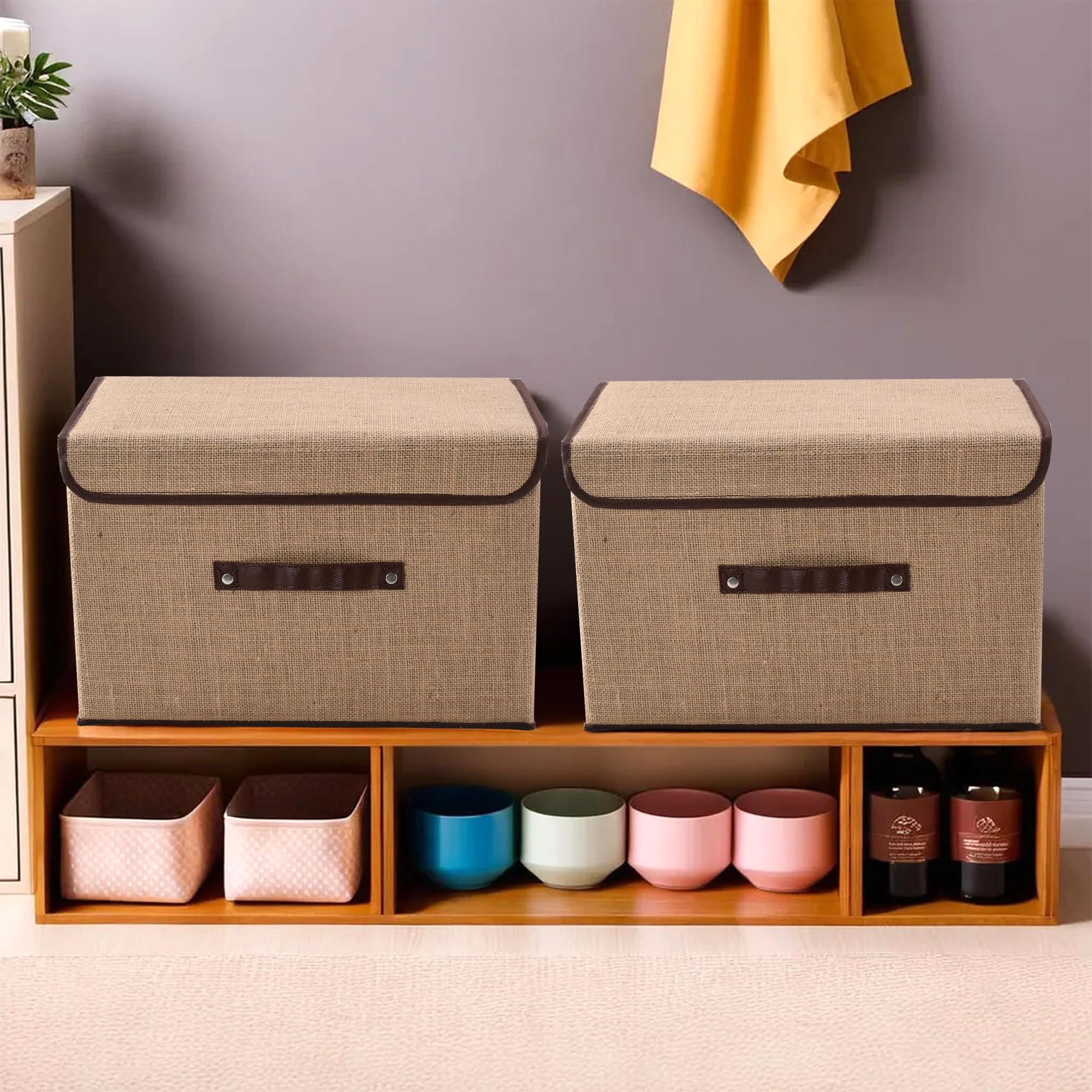 Kuber Industries Pack of 2 Drawer Organizer (Large) Foldable Clothes Storage Box|Clothes Organiser for Wardrobe|Lid & Handle|Jute Fabric|Cupboard Organizer|Brown, 41x26 cm